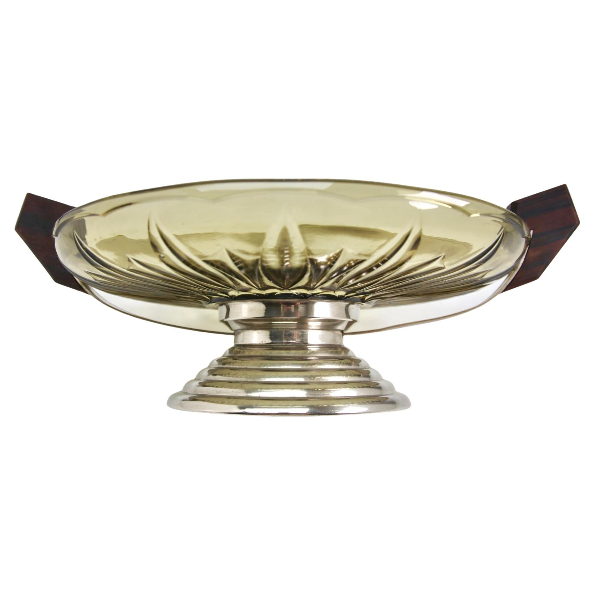 Molded Art Deco Centerpiece Fruit Bowl, Pressed Glass Dish with Handle/Carrier in Wood For Sale