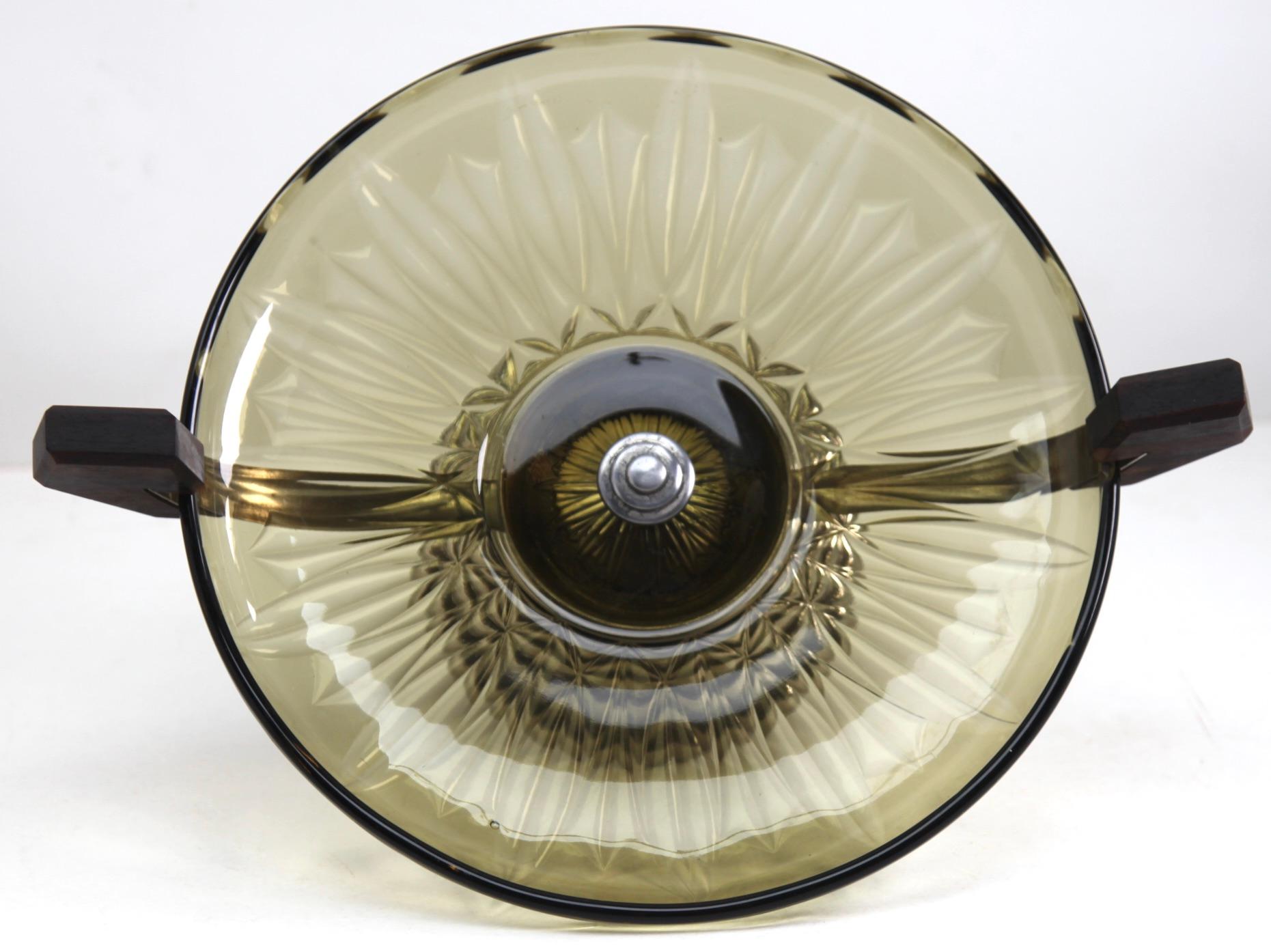 Mid-20th Century Art Deco Centerpiece Fruit Bowl, Pressed Glass Dish with Handle/Carrier in Wood For Sale