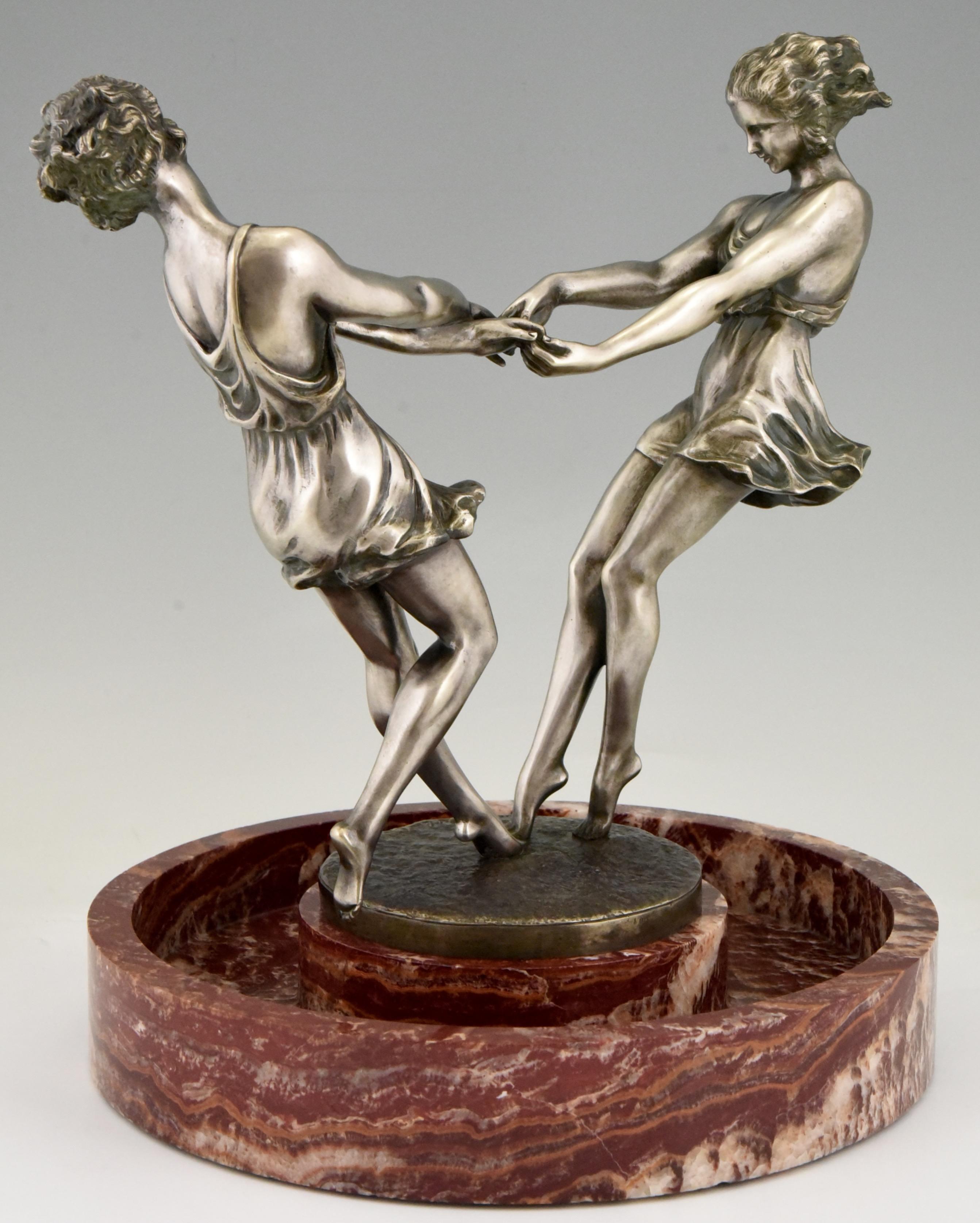 Early 20th Century Art Deco Centerpiece with Bronze Sculpture of Dancing Girls Andre Gilbert, 1925 For Sale