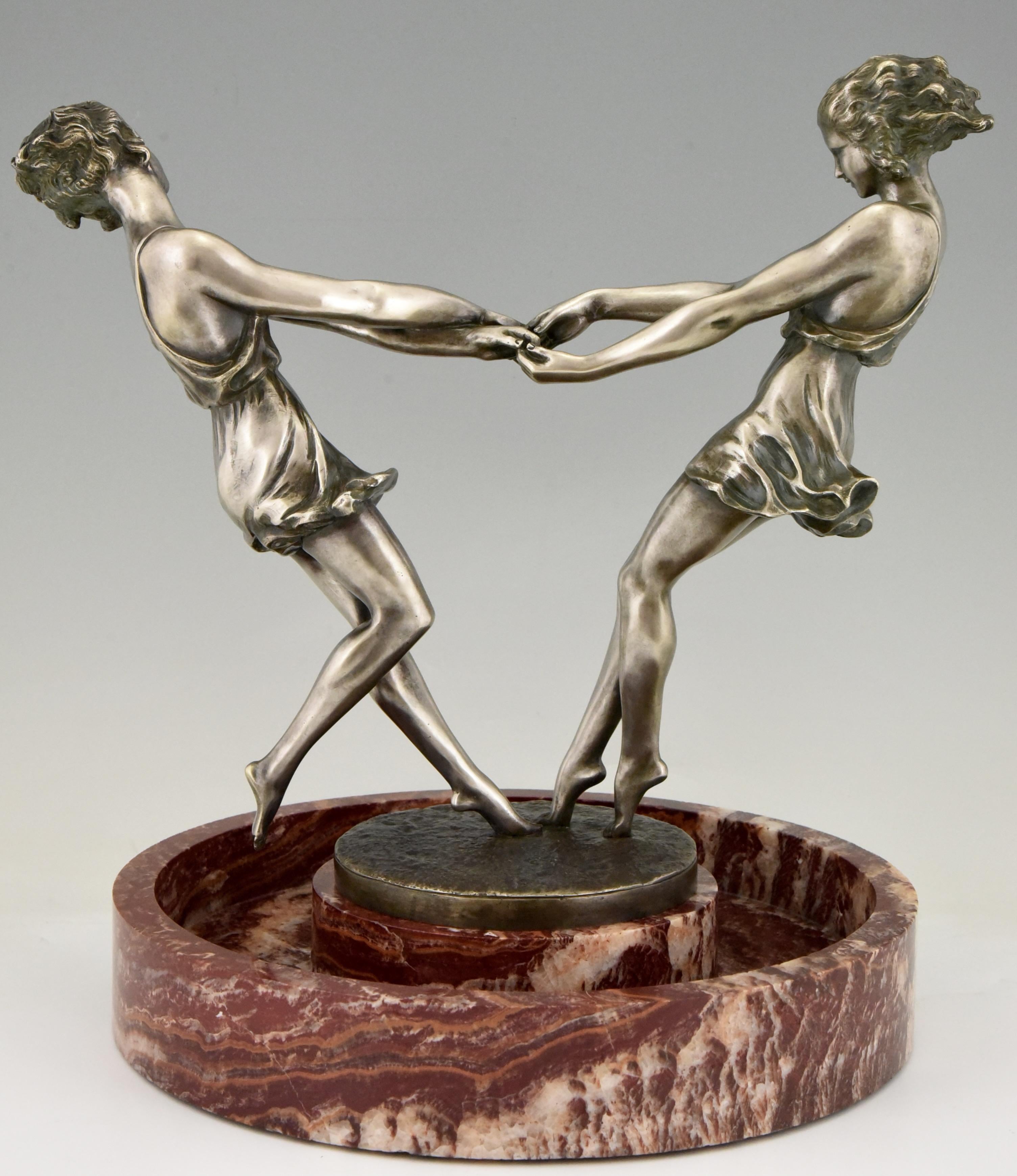 Bronzo Centrotavola Art Déco con scultura in bronzo di ragazze danzanti Andre Gilbert, 1925 in vendita