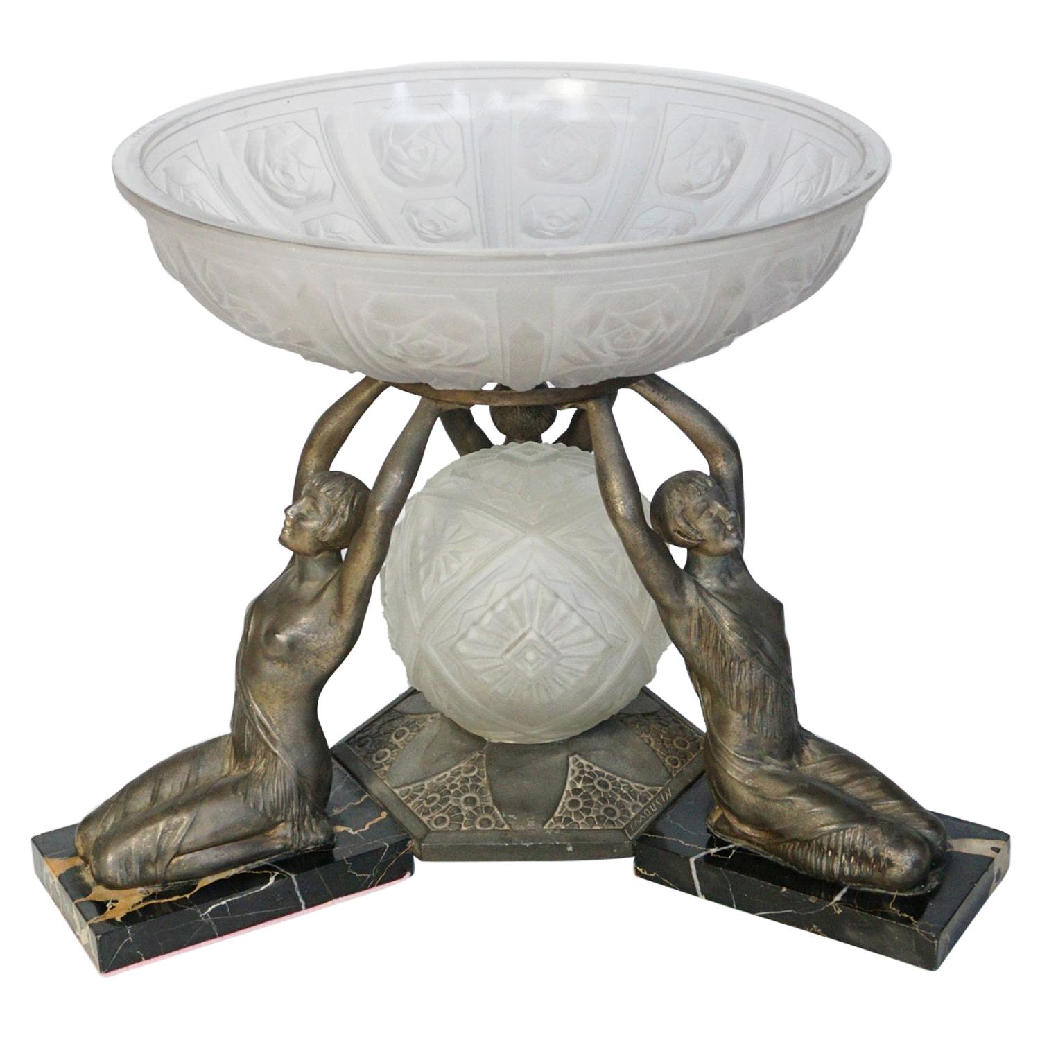Art Deco Centrepiece by Limousin, Moulded Glass and Spelter French, circa 1930