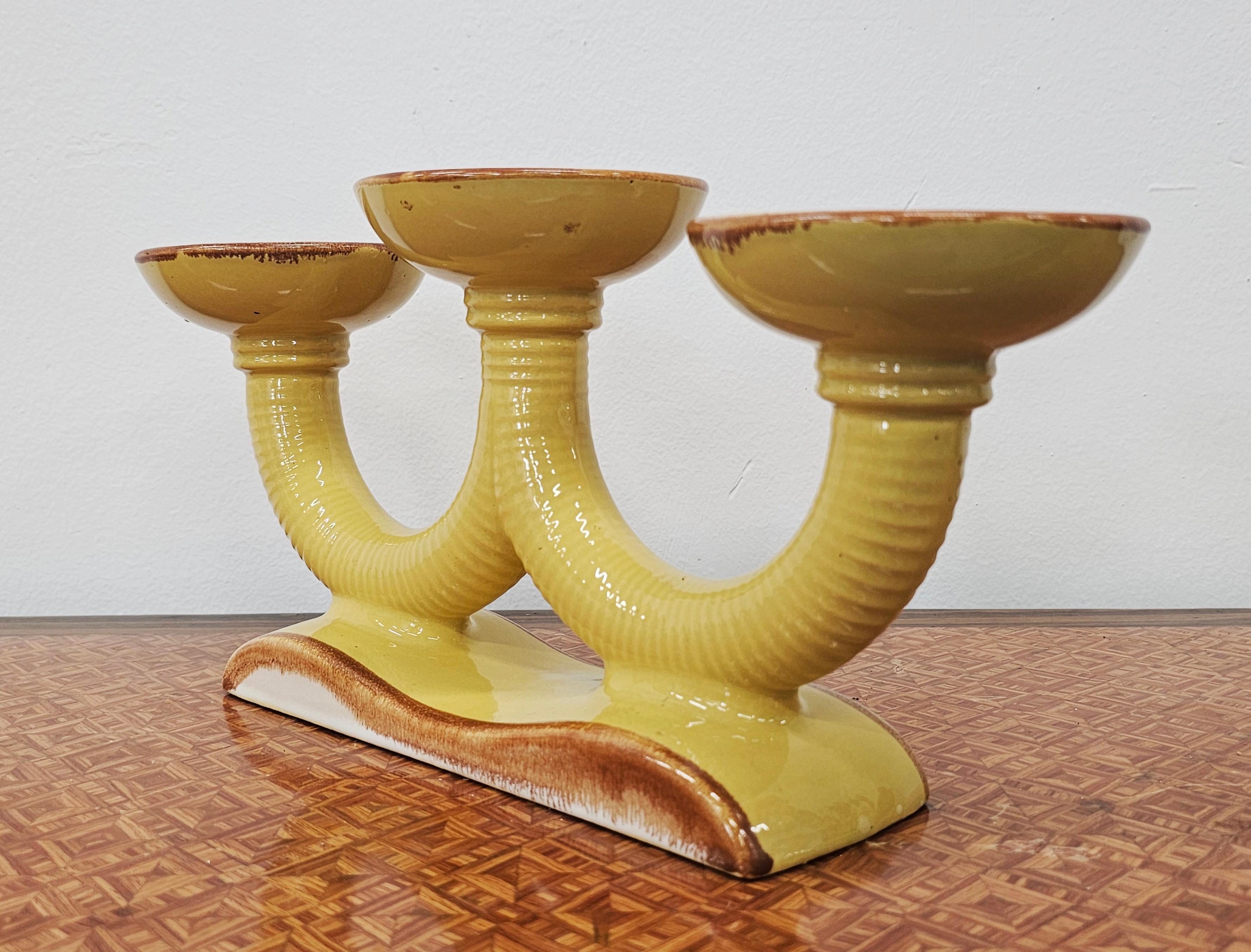 Francese Portacandele a tre bracci in ceramica Art Déco, Francia, anni '50 in vendita