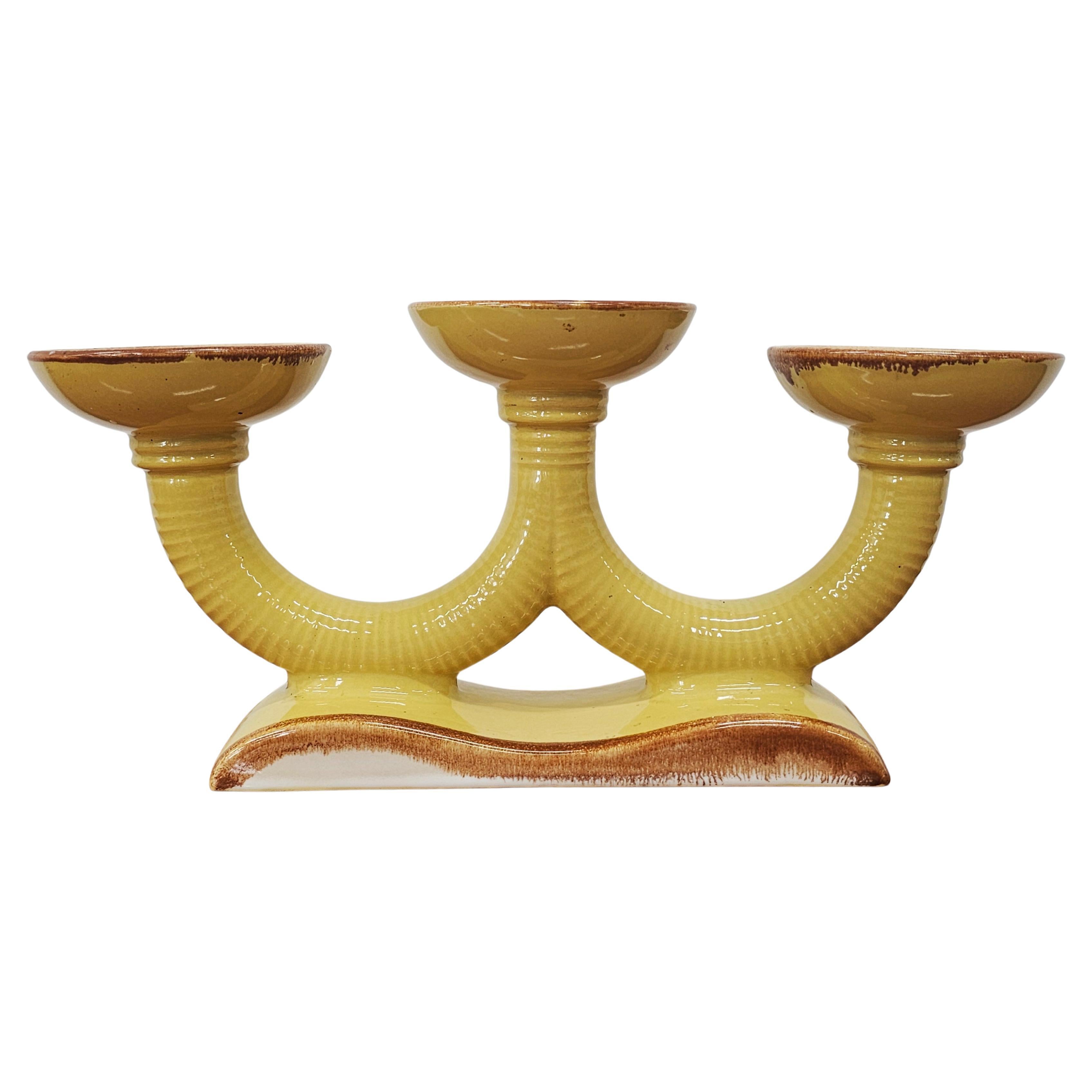 Art Deco Ceramic 3-Arm Candlestick Holder, France 1950s