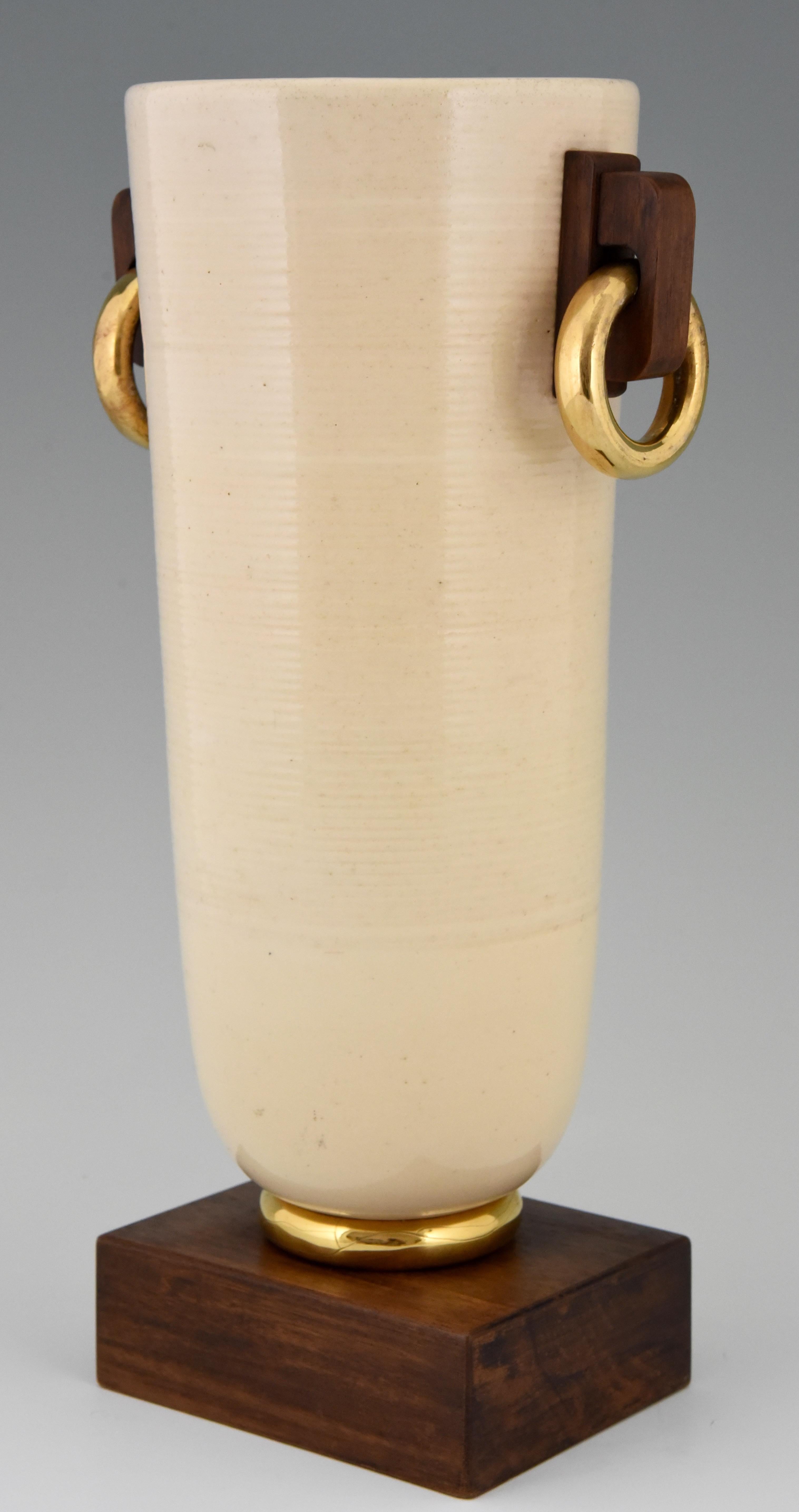 French Art Deco Ceramic and Wood Vase Luc Lanel, France, 1930