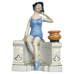 Retro Art Deco Ceramic Bathing Belle Hatpin Holder, c1930