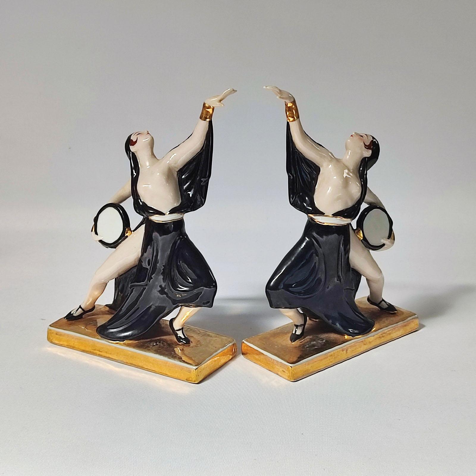 Porcelain Art Deco Ceramic Bookends Dancers by ROBJ, France For Sale
