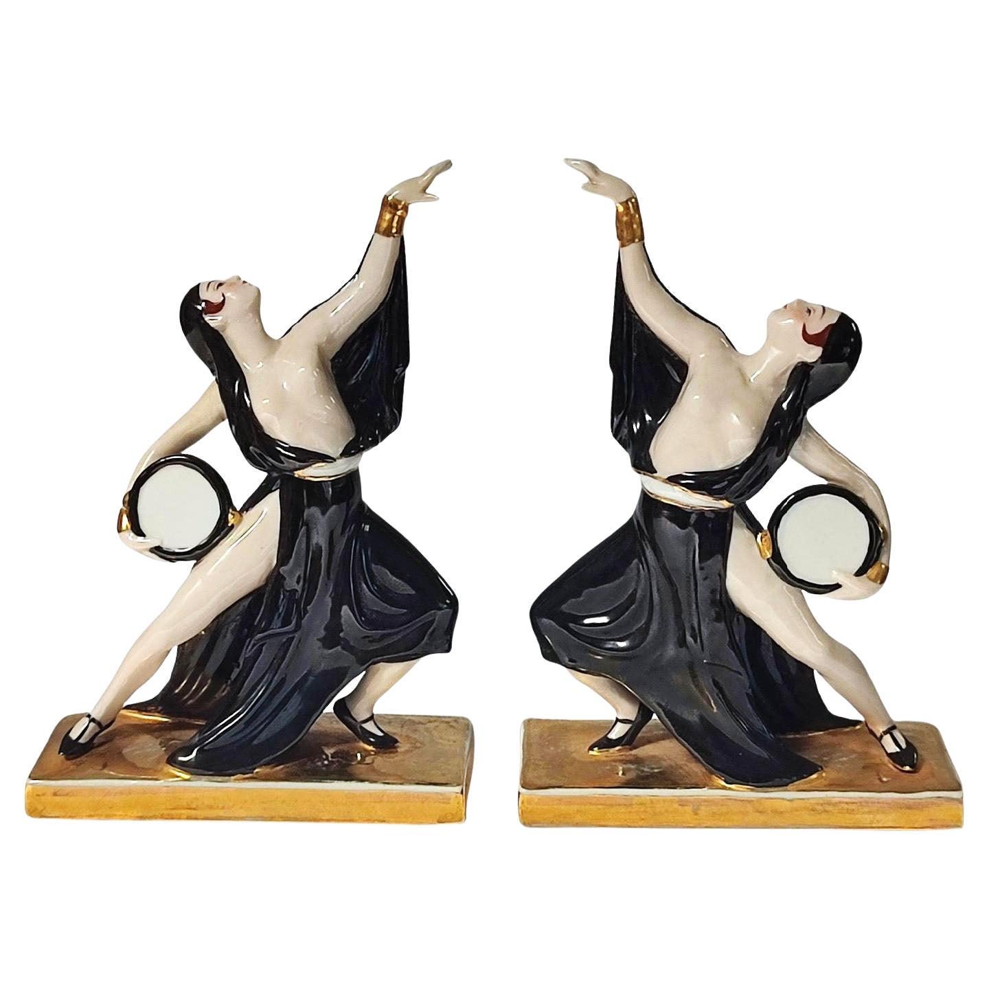 Art Deco Ceramic Bookends Dancers by ROBJ, France For Sale