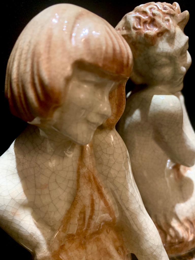 French Art Deco Ceramic Bookends - Nymph And Satyr By Le Faguays For Sale