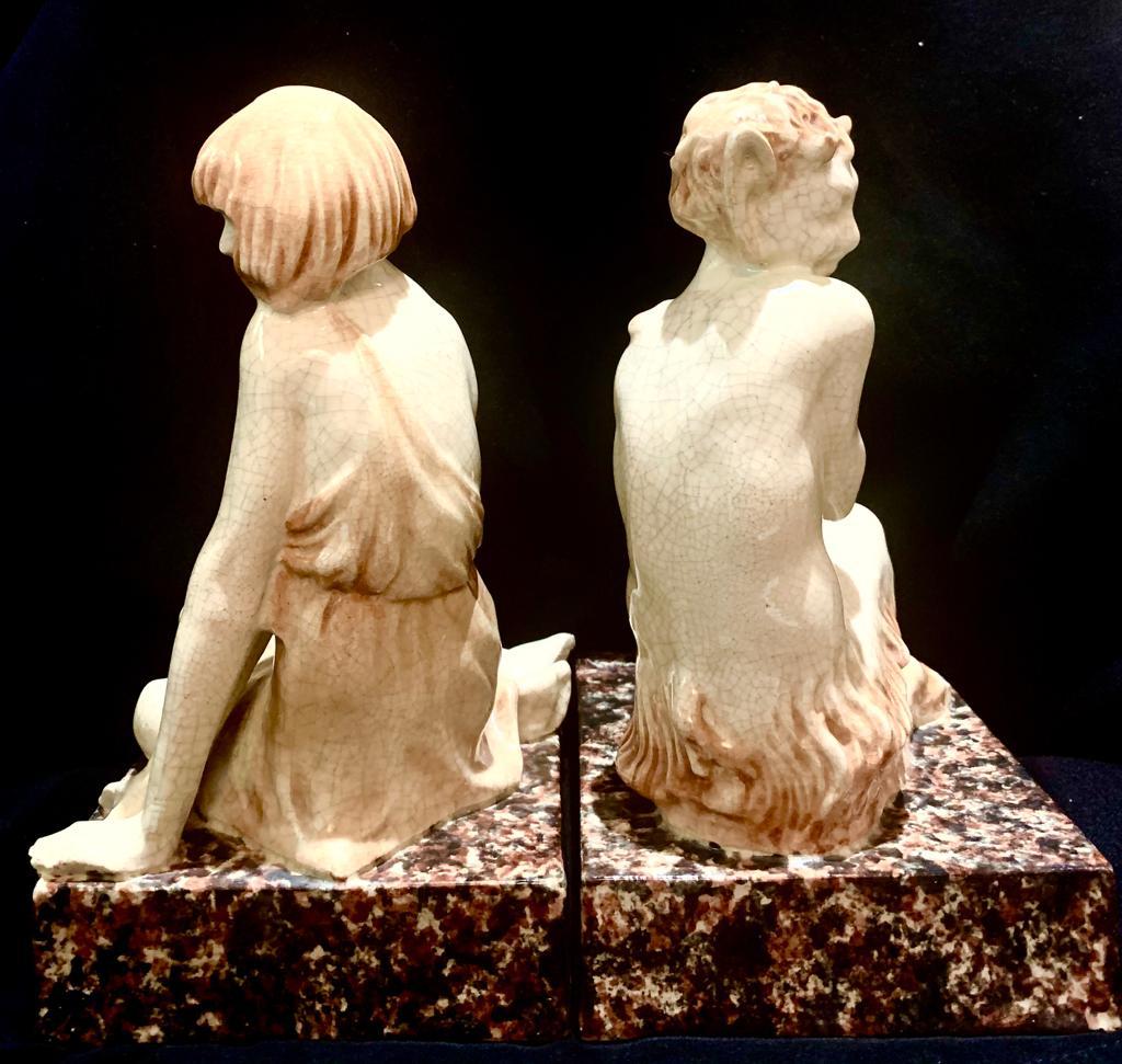 Glazed Art Deco Ceramic Bookends - Nymph And Satyr By Le Faguays For Sale