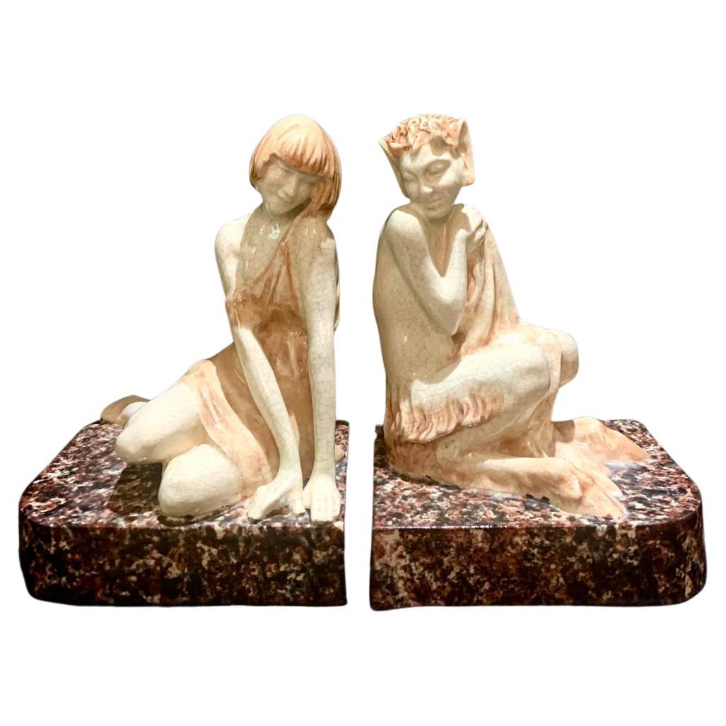 Art Deco Ceramic Bookends - Nymph And Satyr By Le Faguays For Sale