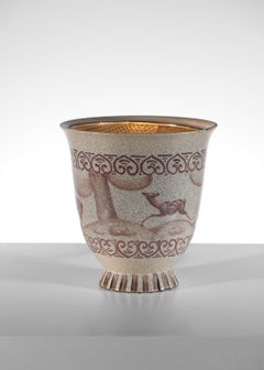Art Deco ceramic bowl lamp with a deer motif from the 1940s