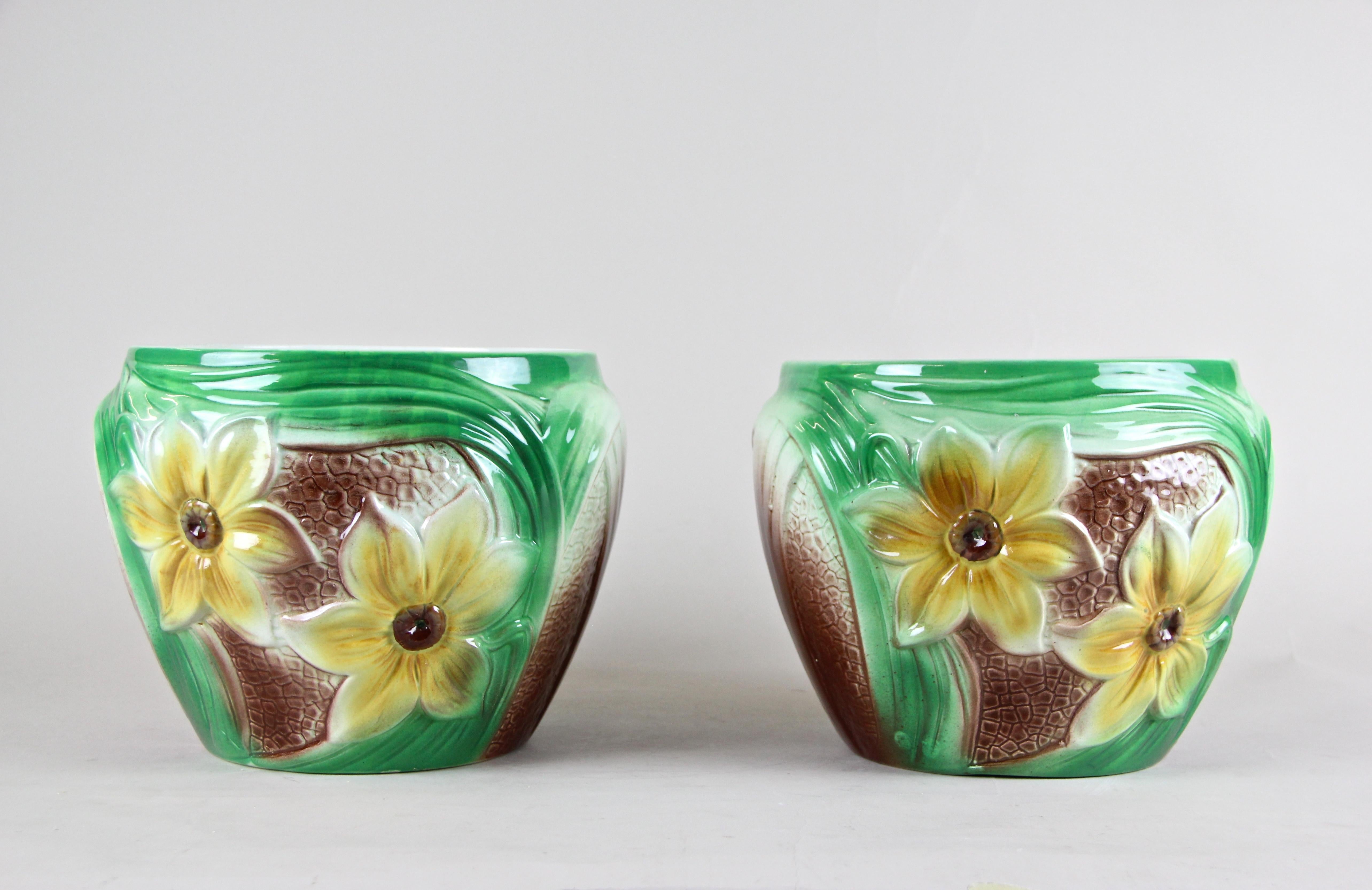 Aus Belgien um 1920 und von Saint Ghislain stammt dieses schöne Set von Übertöpfen aus Keramik im Art-Deco-Stil. Das schöne Design mit großen gelben Blüten auf zwei Seiten jedes Übertopfes in Verbindung mit der braunen und grünen Farbgebung macht