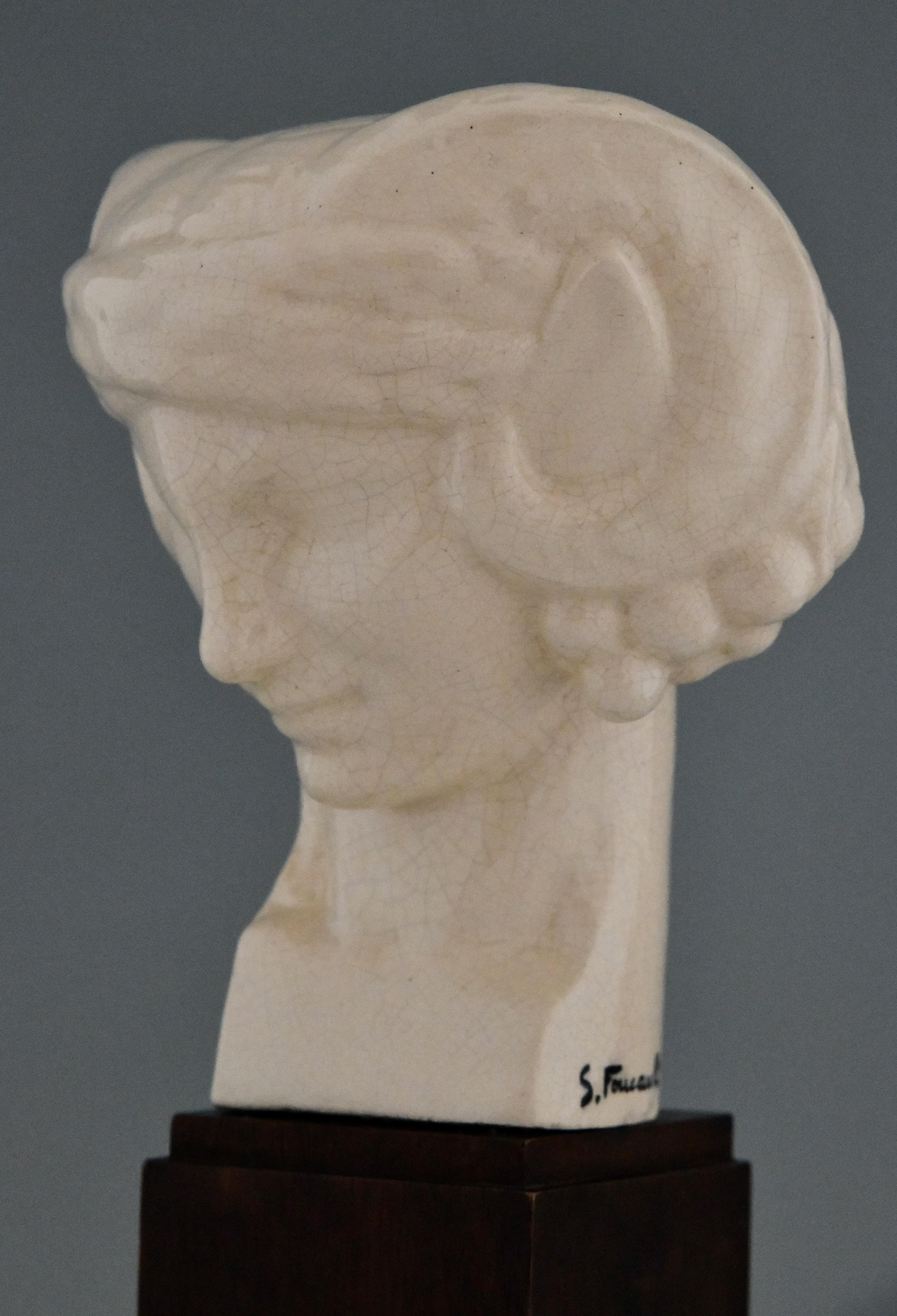 Art Deco Ceramic Craquelé Bust of a Faunby S. Foucault France 1925 3