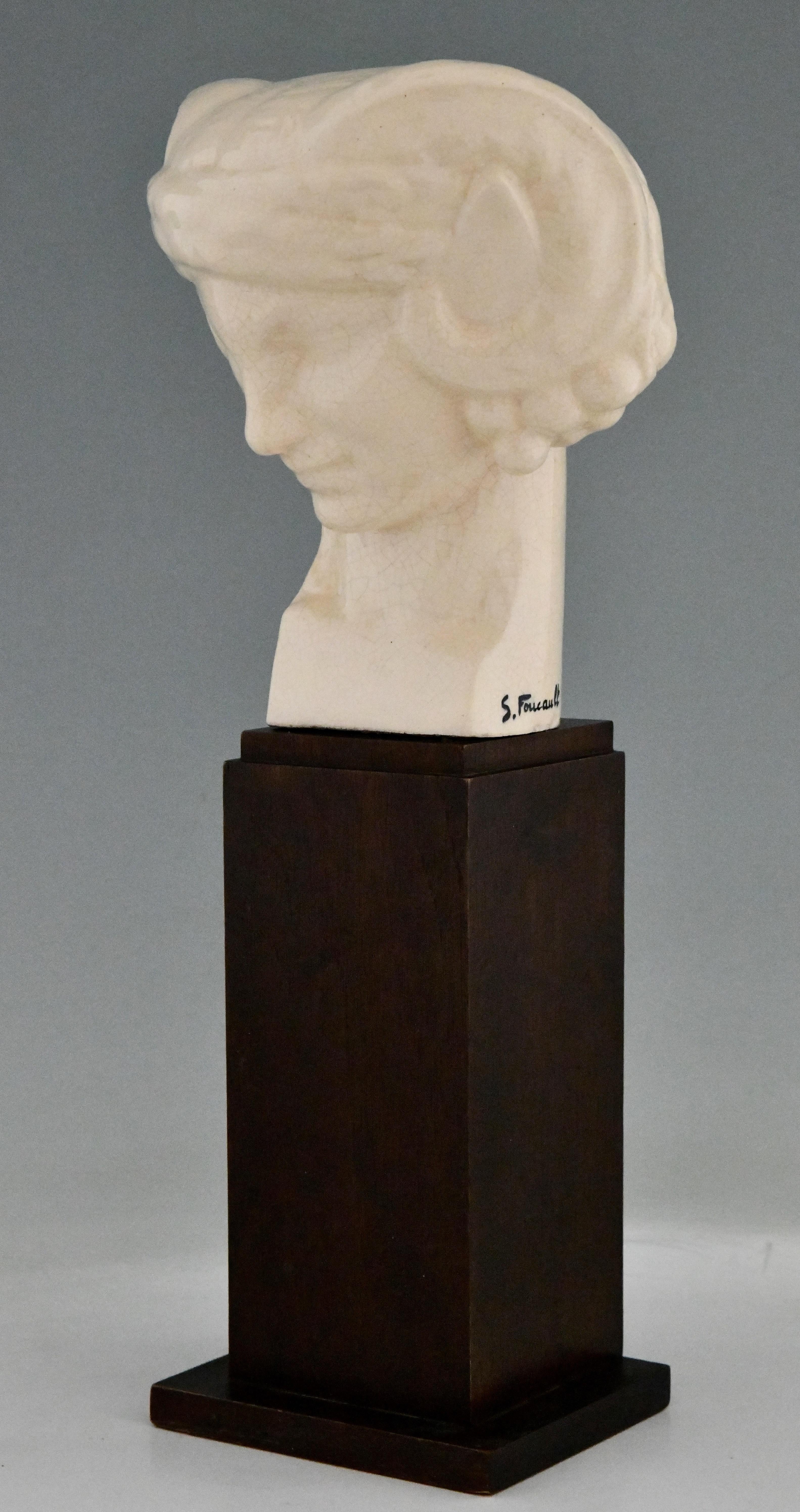 Early 20th Century Art Deco Ceramic Craquelé Bust of a Faunby S. Foucault France 1925