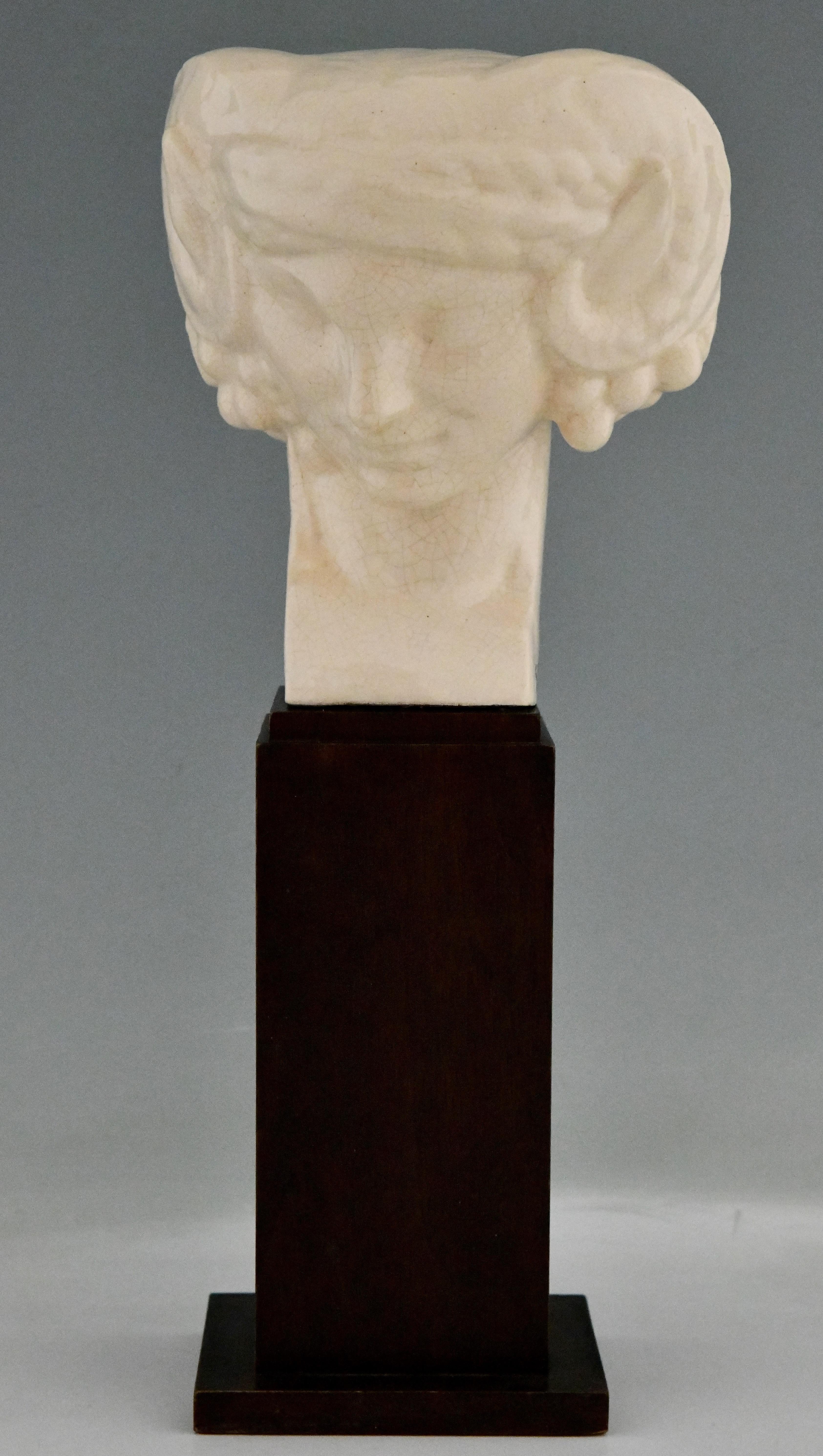 Art Deco Ceramic Craquelé Bust of a Faunby S. Foucault France 1925 1