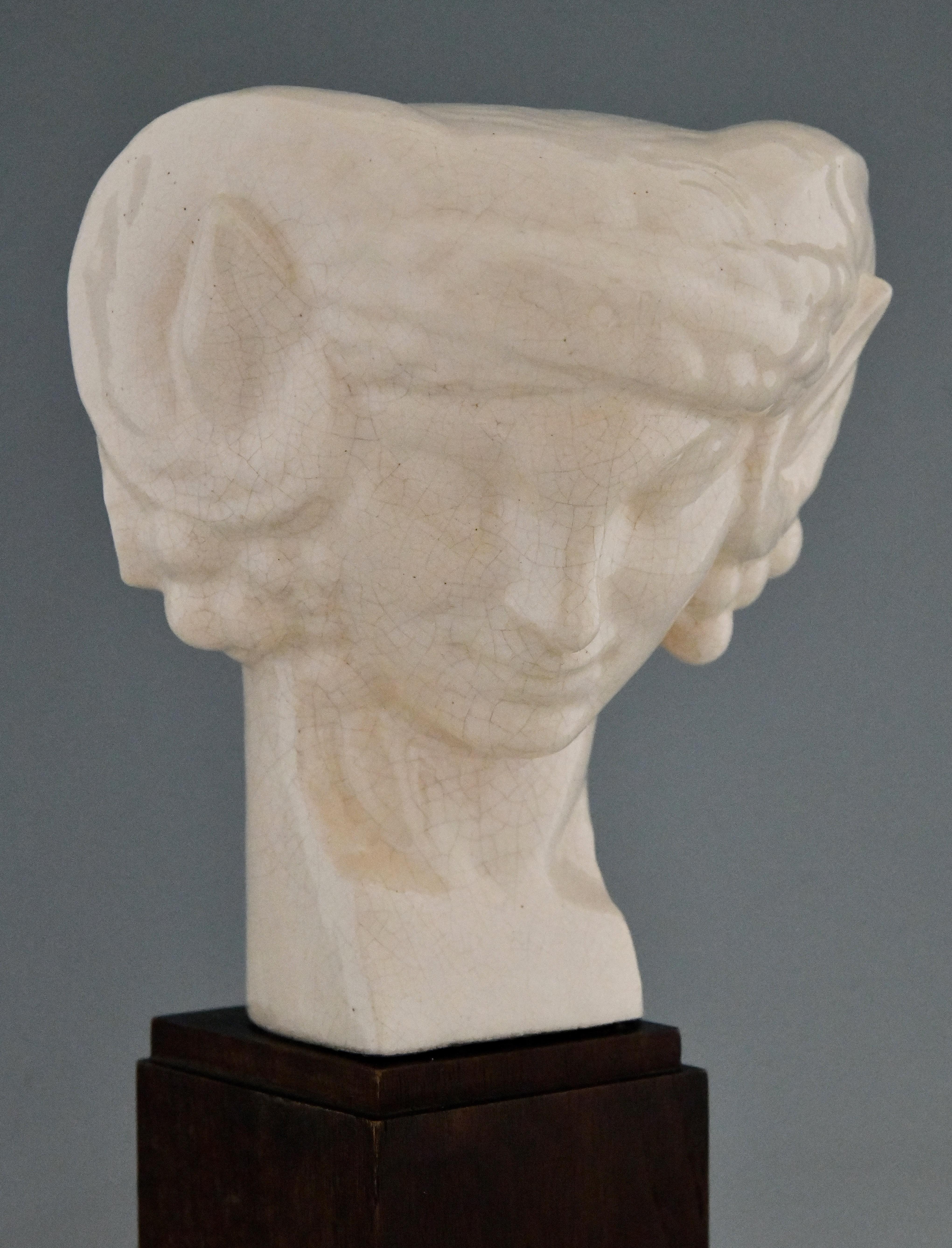 Art Deco Ceramic Craquelé Bust of a Faunby S. Foucault France 1925 2
