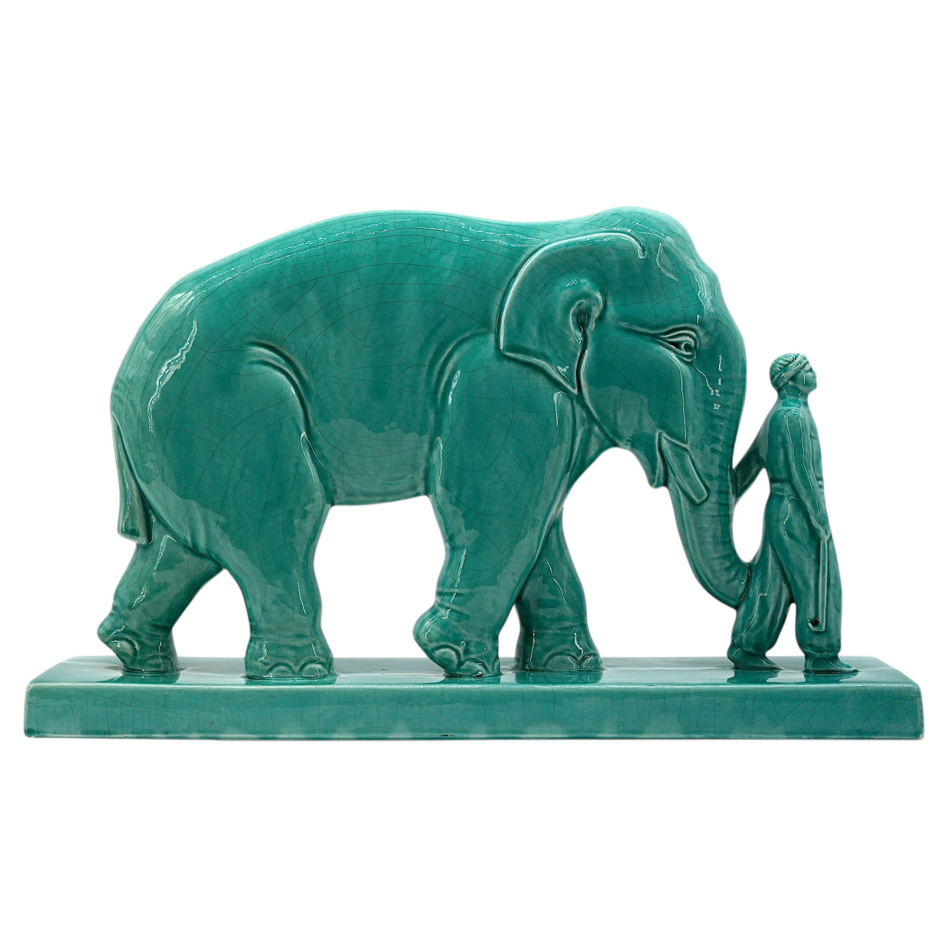 Elefante e mahout in ceramica Art Déco di Stef, Francia, anni '30