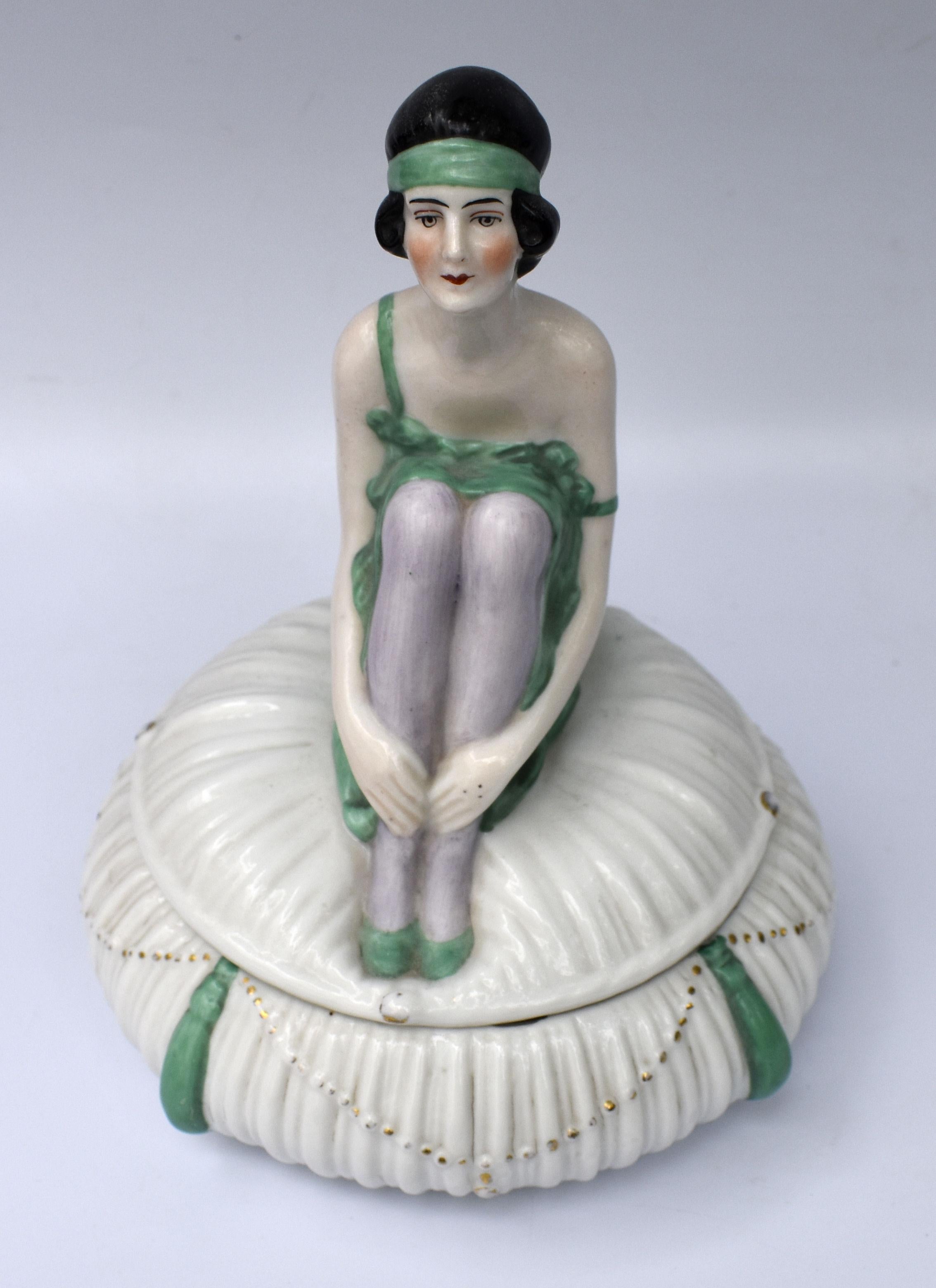 French Art Deco Ceramic Figural Powder Bowl, c1930 For Sale