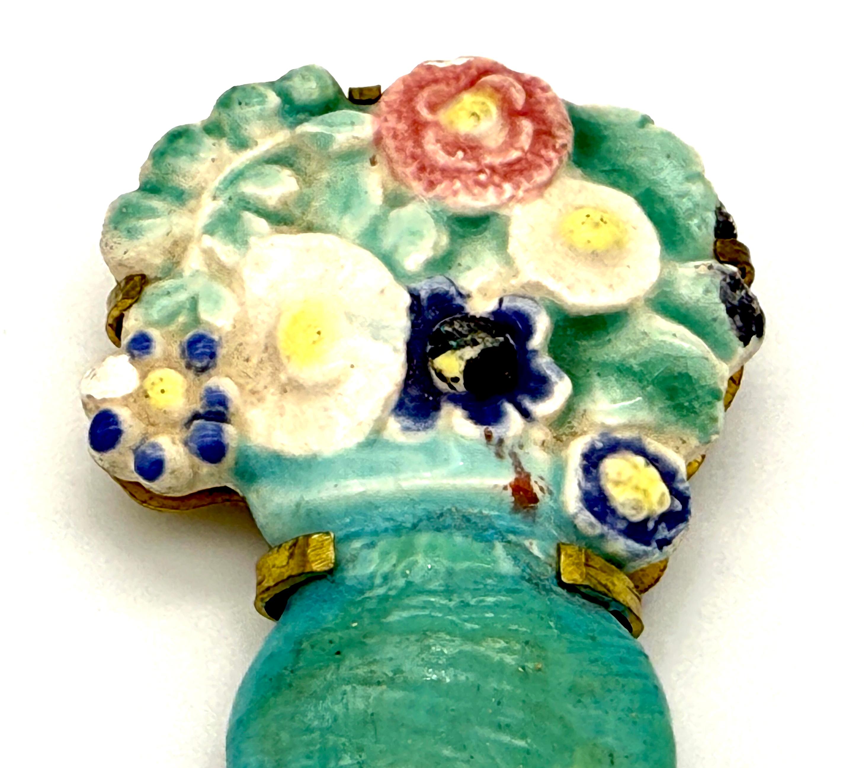 Women's Art Deco Ceramic Flower Bouquet in Celadon Green Vase Brooch Brass France For Sale