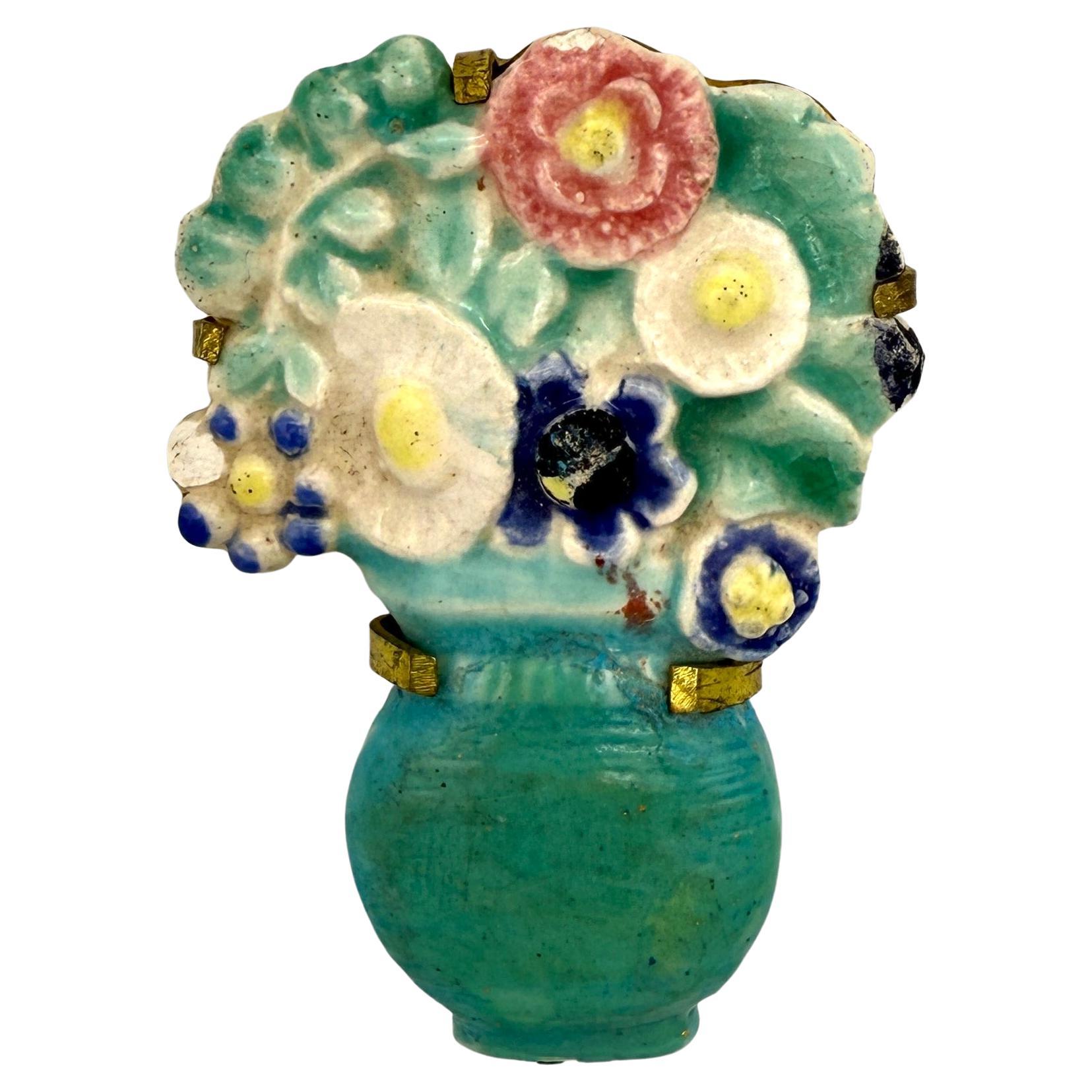 Art Deco Ceramic Flower Bouquet in Celadon Green Vase Brooch Brass France For Sale