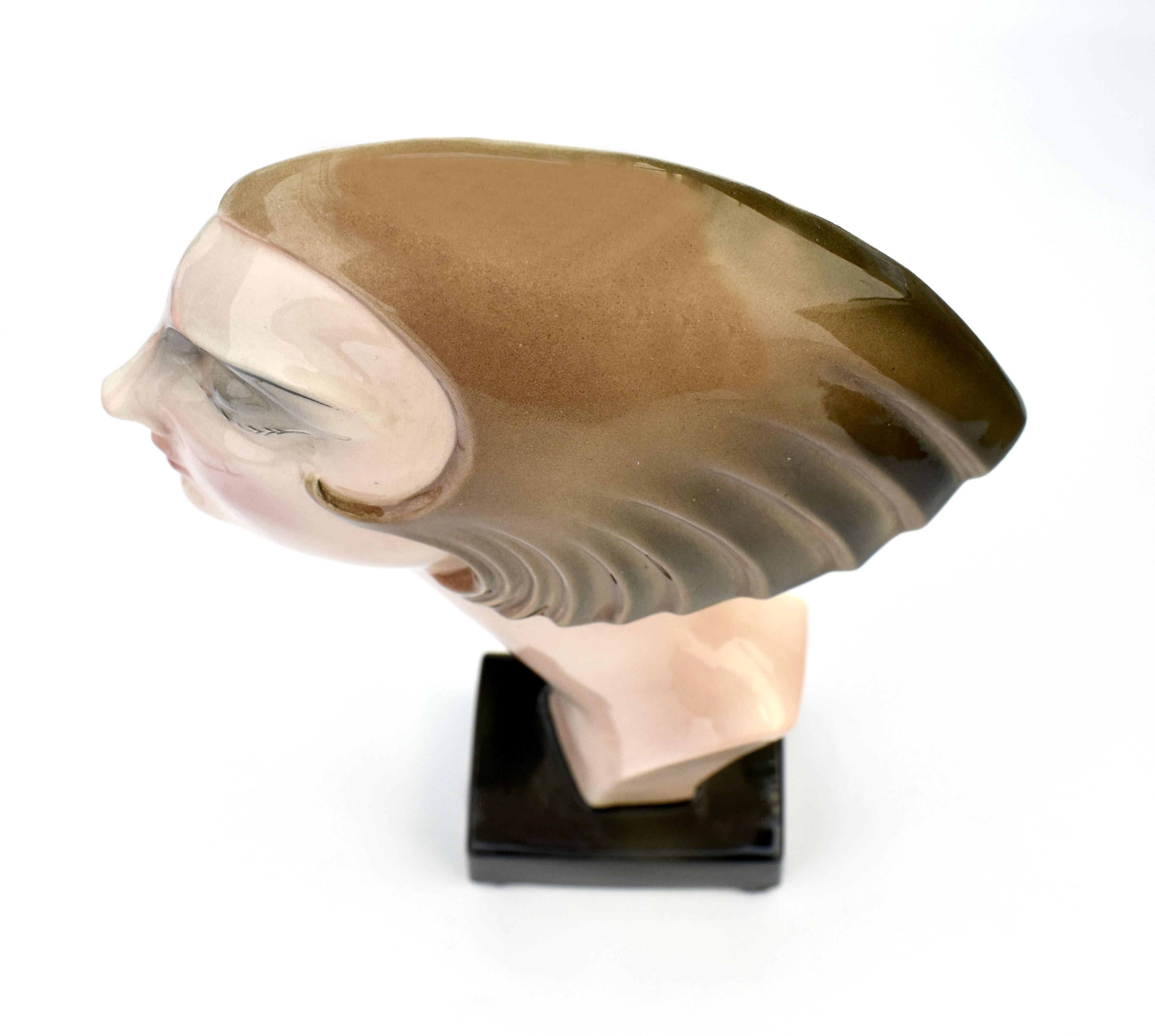 European Art Deco Ceramic Head Bust by Katzhutte Hertwig & Co, c1930