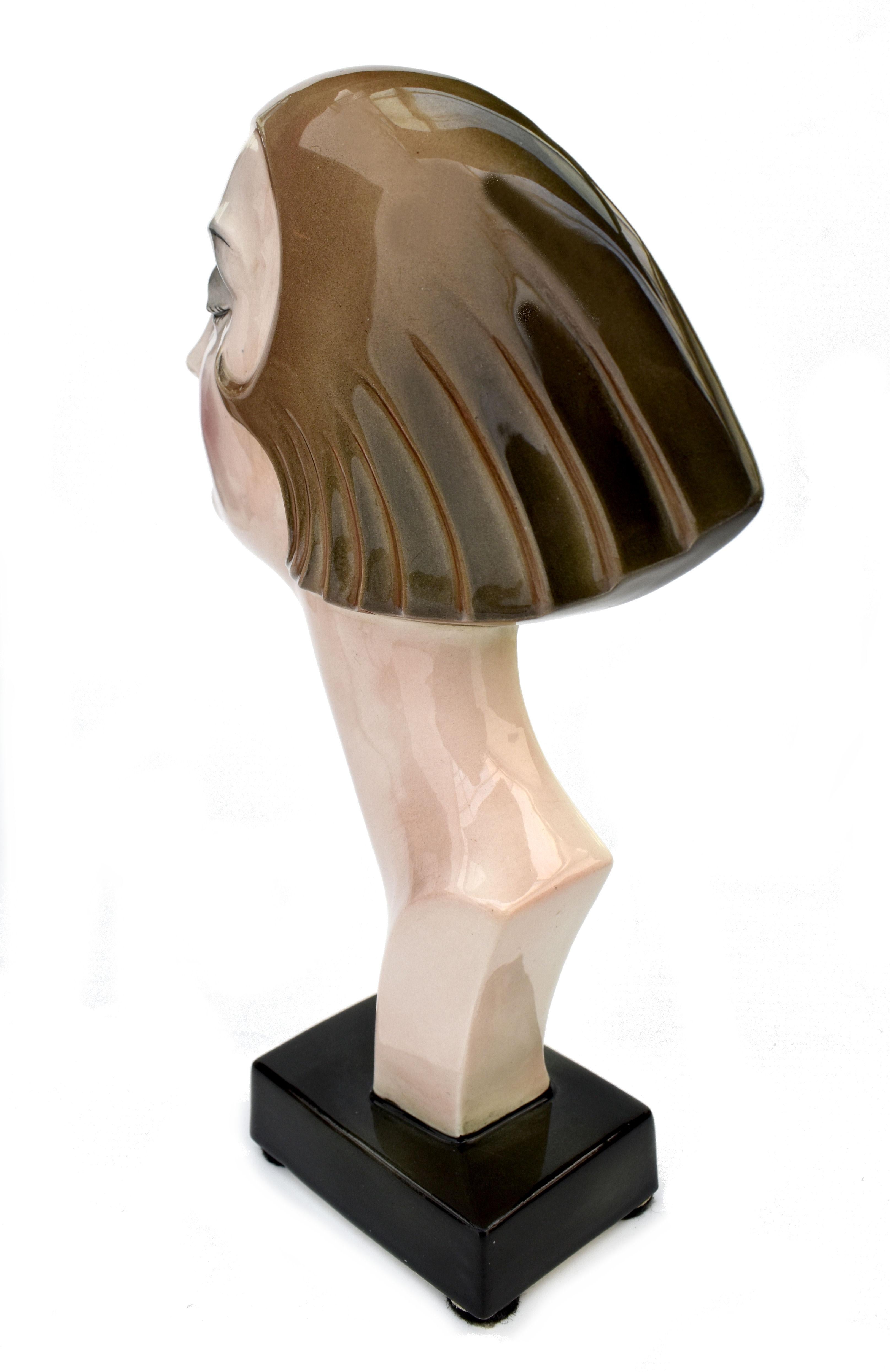 Art Deco Ceramic Head Bust by Katzhutte Hertwig & Co, c1930 2