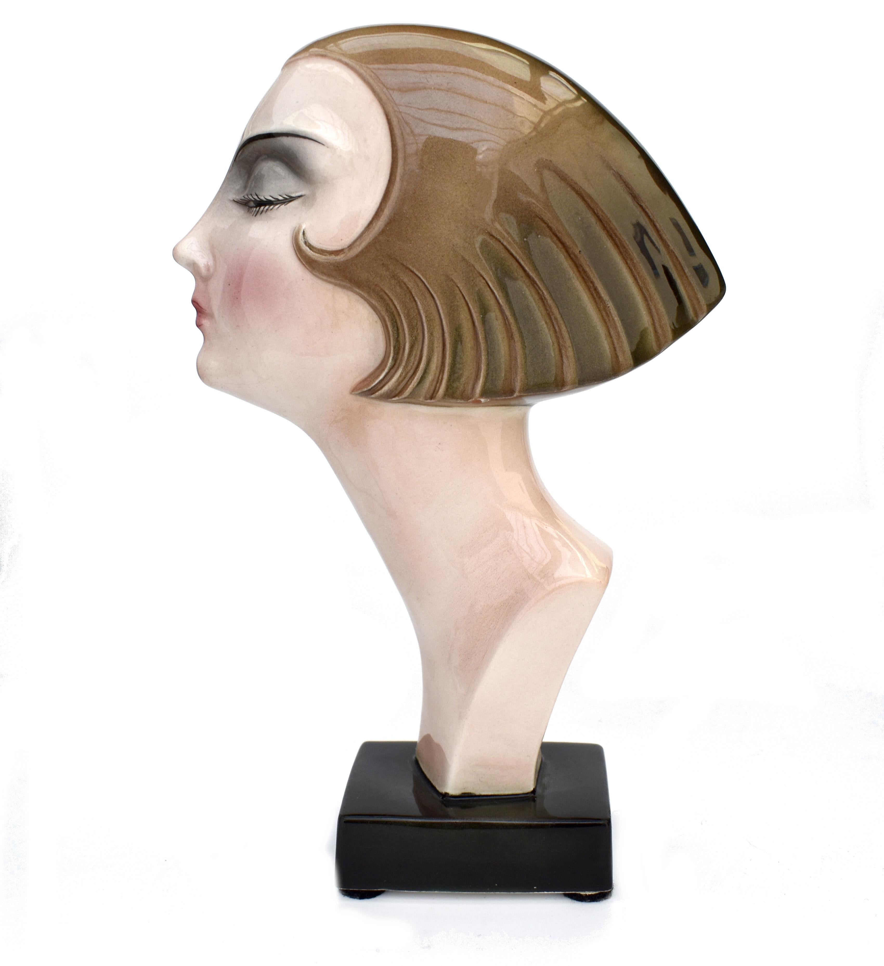 Art Deco Ceramic Head Bust by Katzhutte Hertwig & Co, c1930 3