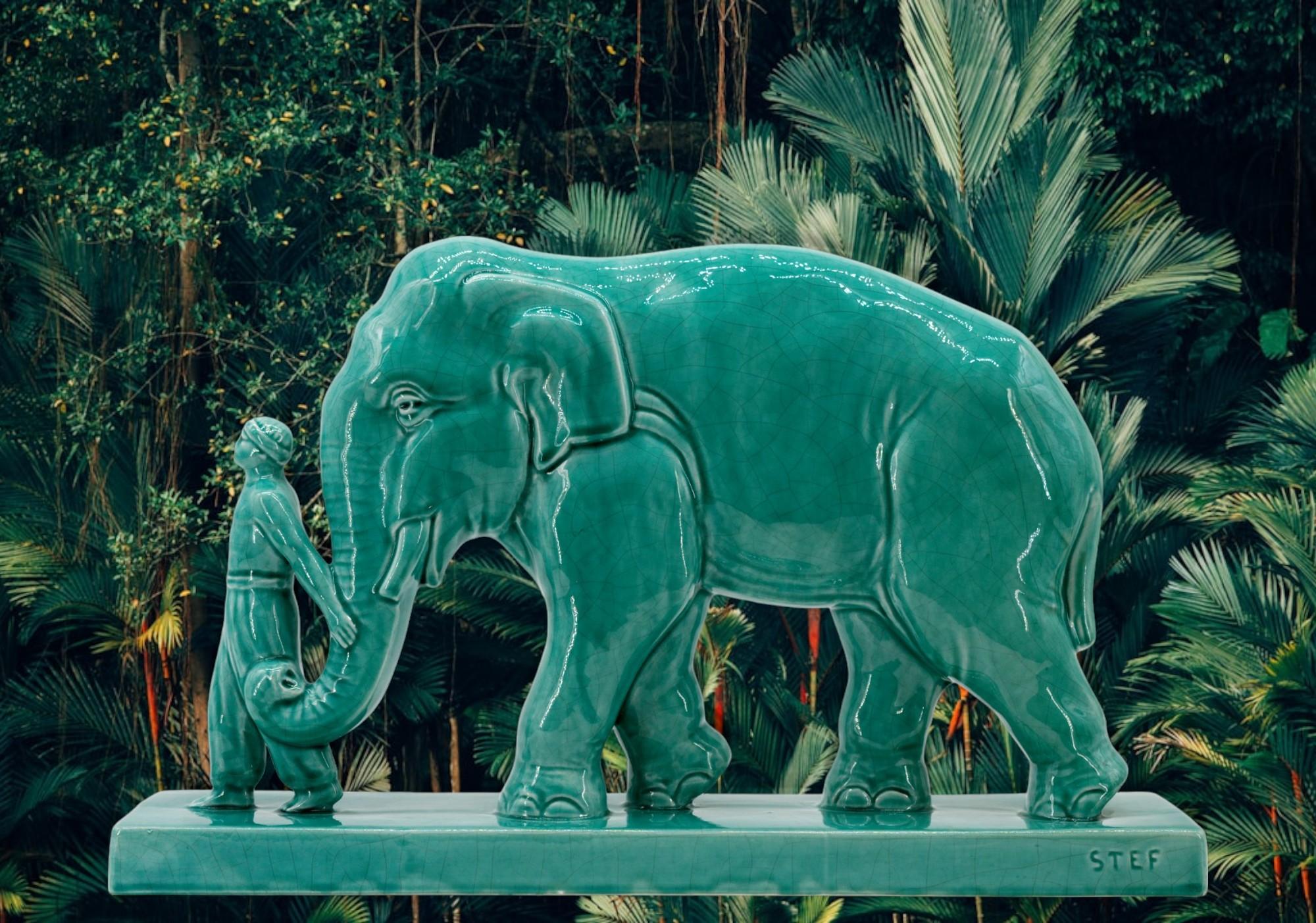French Art Deco Ceramic Mahout and his Elephant, 1920 For Sale