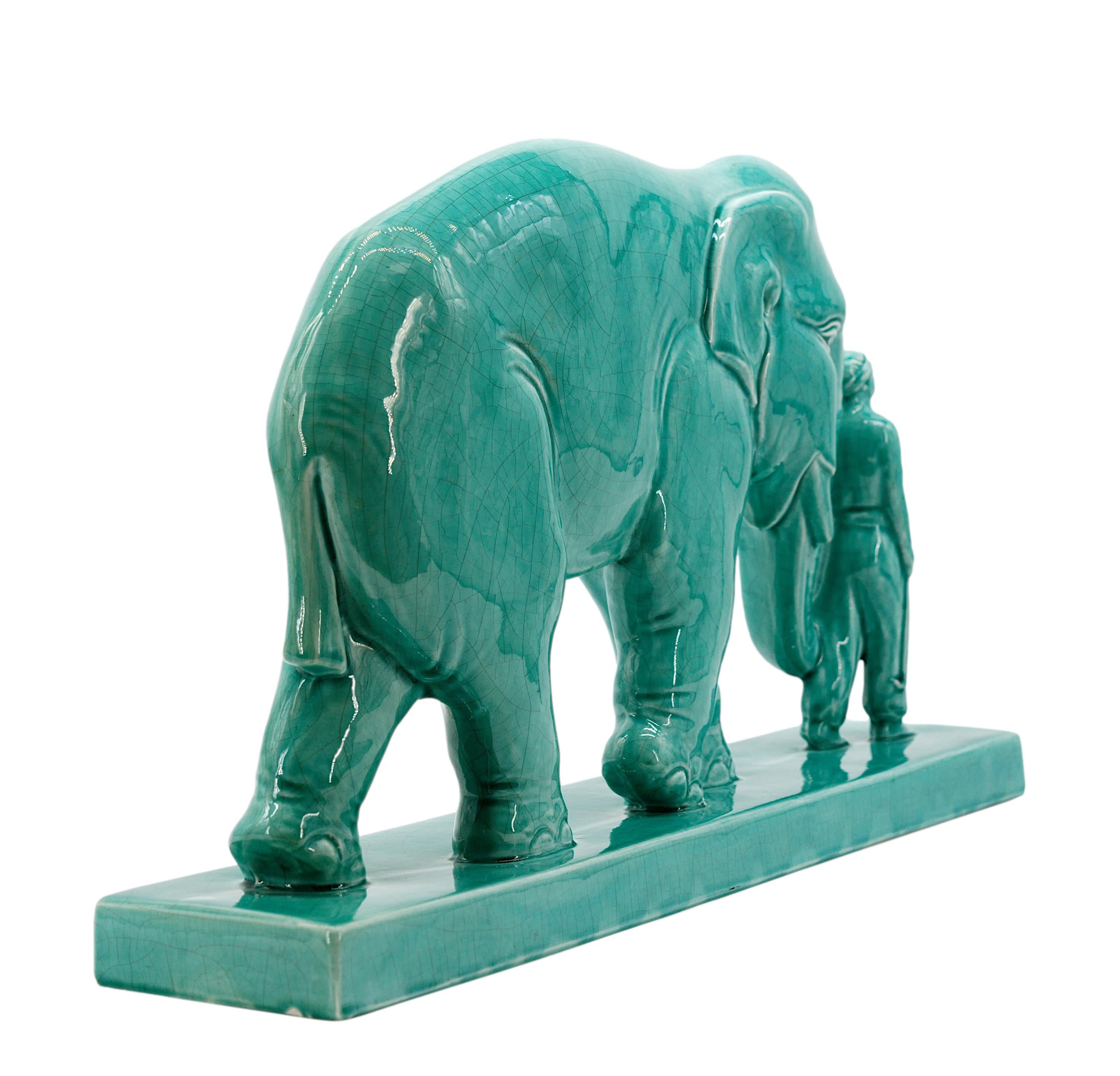 Art Deco Ceramic Mahout and his Elephant, 1920 In Excellent Condition For Sale In Saint-Amans-des-Cots, FR