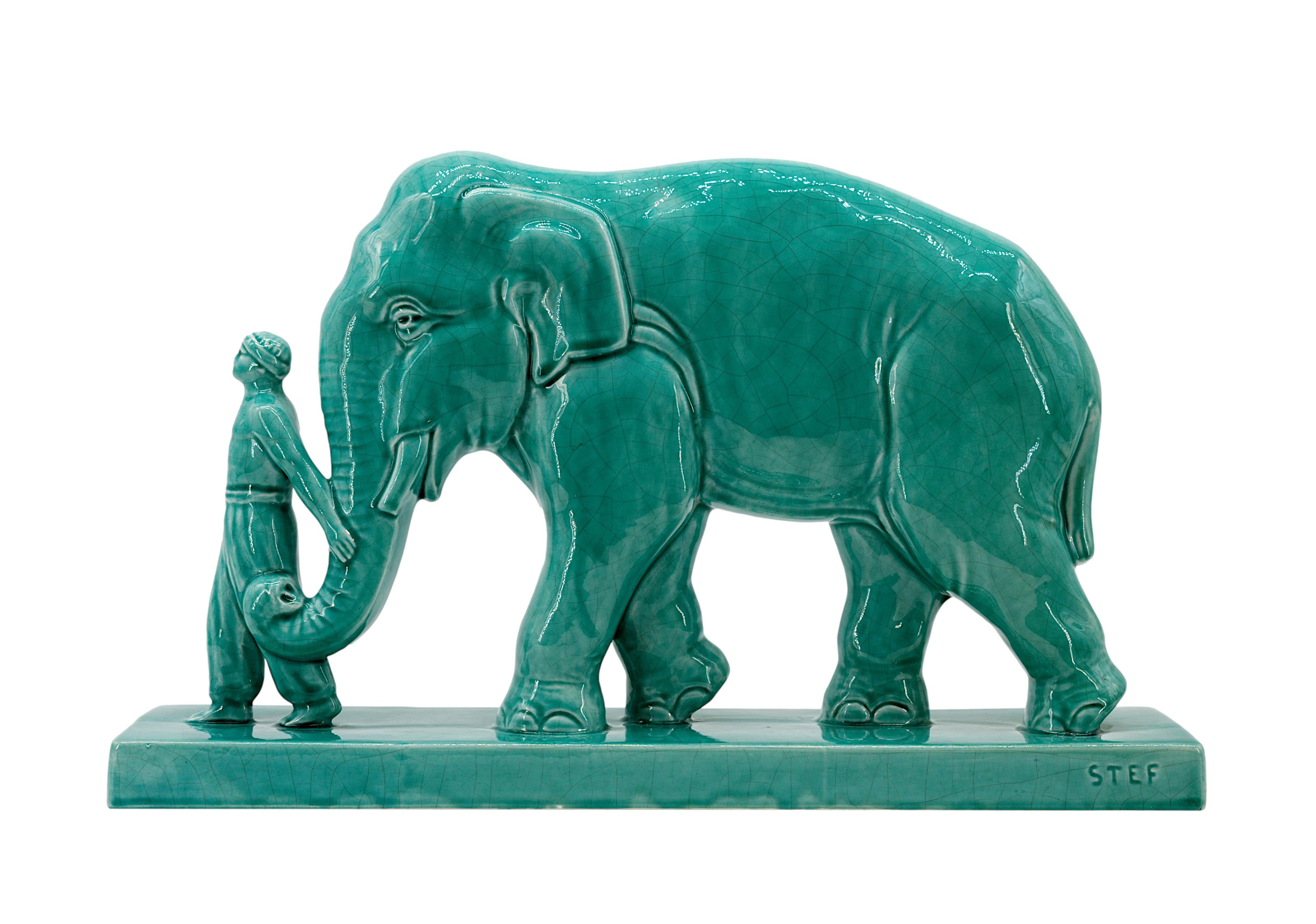 Early 20th Century Art Deco Ceramic Mahout and his Elephant, 1920 For Sale