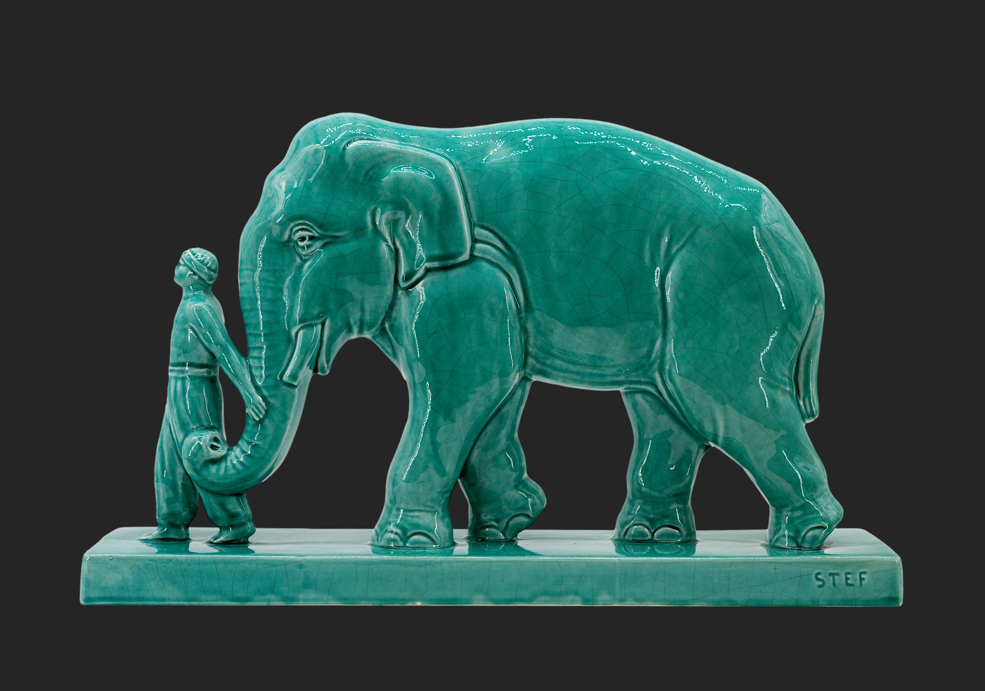 Art Deco Ceramic Mahout and his Elephant, 1920 For Sale 1
