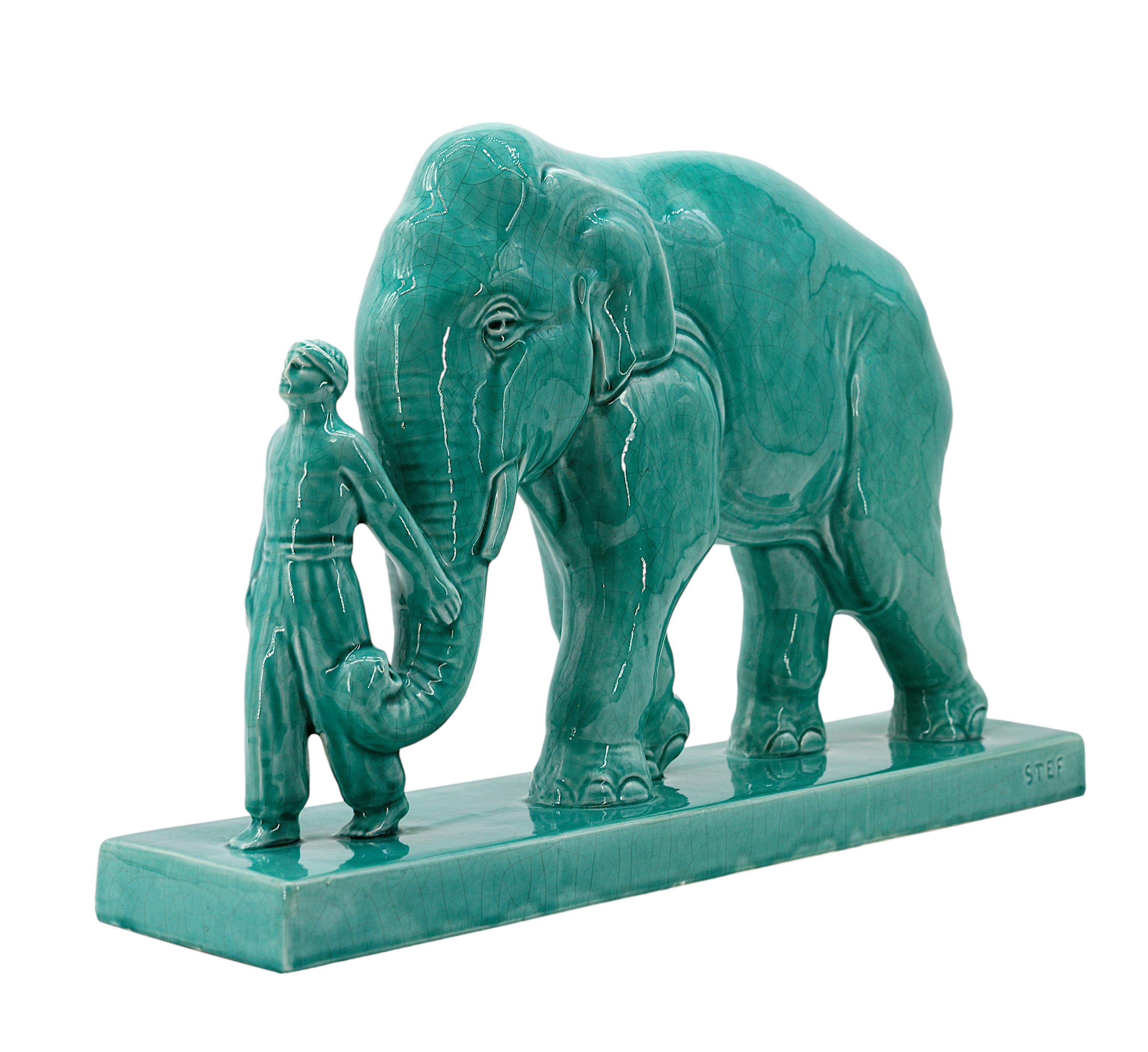 Art Deco Ceramic Mahout and his Elephant, 1920 For Sale 3