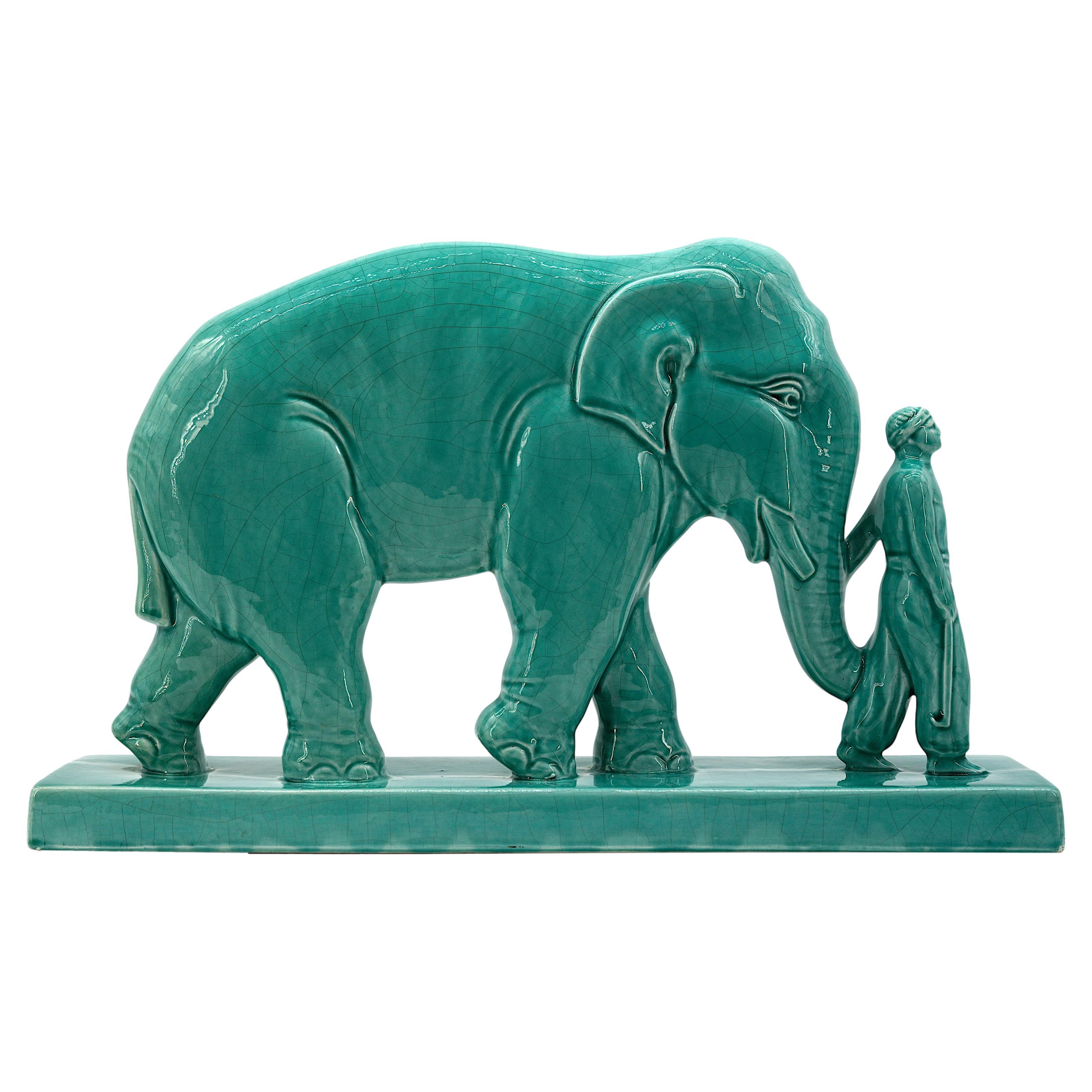 Art Deco Ceramic Mahout and his Elephant, 1920 For Sale