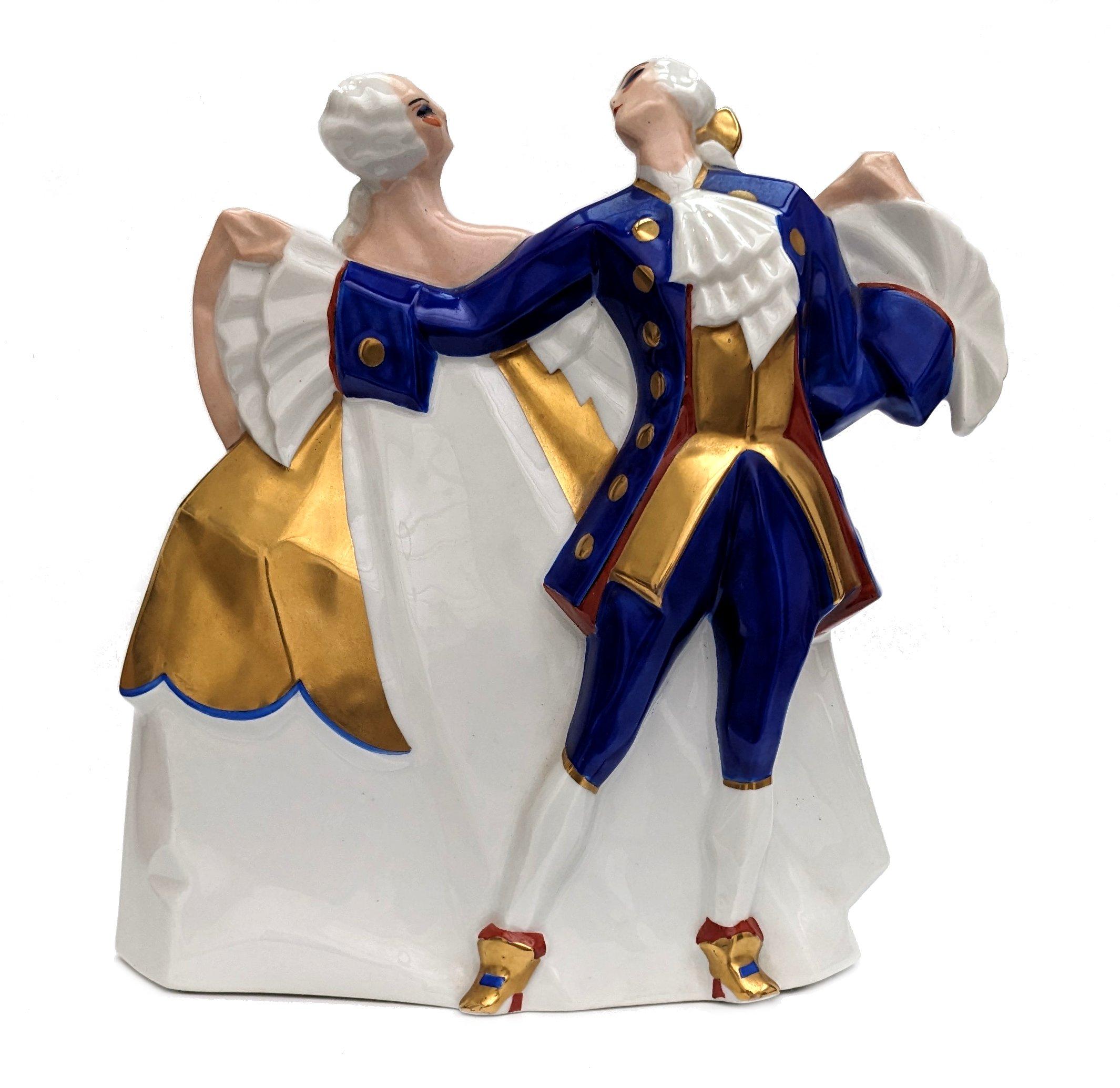 For you consideration is this large figural group beautiful and rare, dating to the 1930's France porcelain sculpture in polychrome. Features a stylised pair of eighteenth-century noble dancing, perhaps, the minuet. These figures were initially made