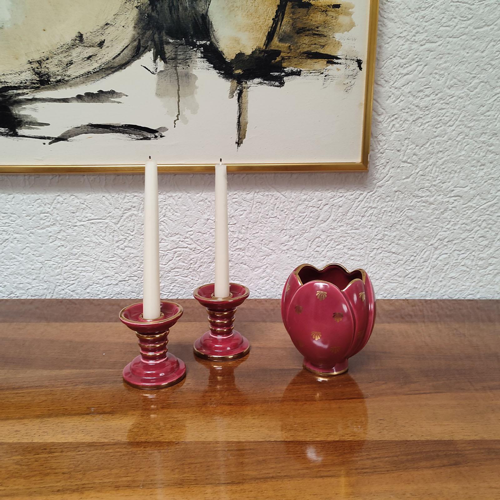 Swedish Art Deco Ceramic Pair of Candle Holders and a Vase, Set of Three, Upsala-Ekeby For Sale