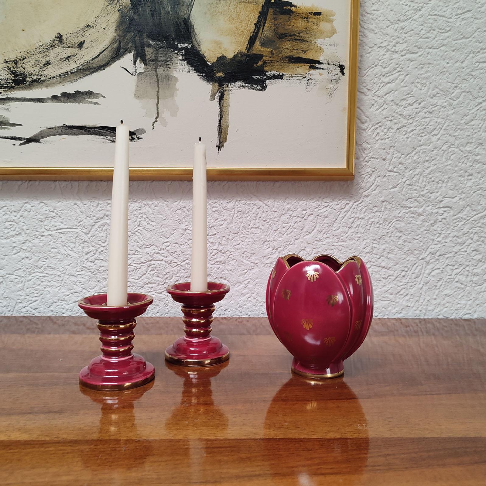Glazed Art Deco Ceramic Pair of Candle Holders and a Vase, Set of Three, Upsala-Ekeby For Sale