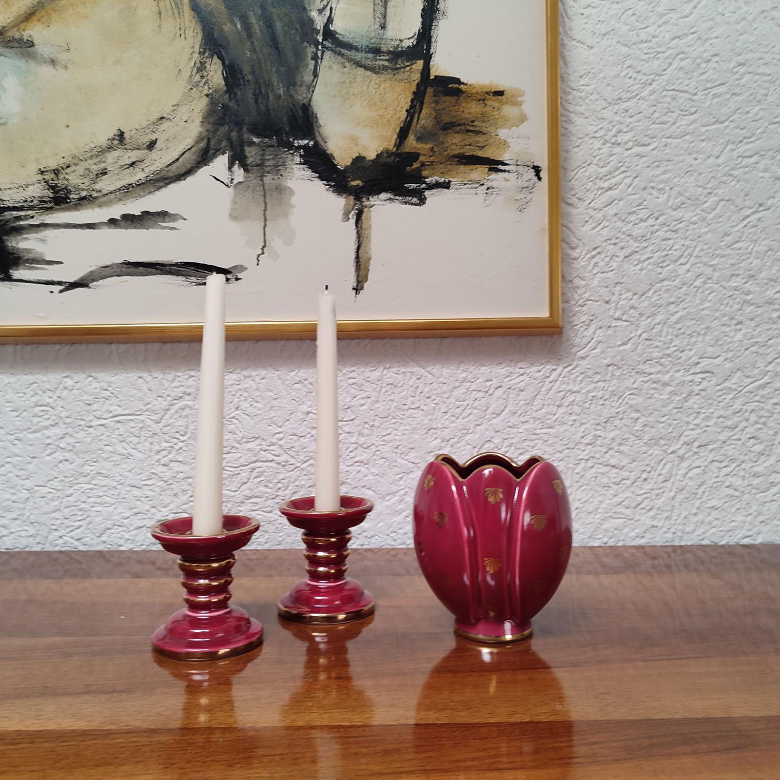 Art Deco Ceramic Pair of Candle Holders and a Vase, Set of Three, Upsala-Ekeby In Excellent Condition For Sale In Bochum, NRW