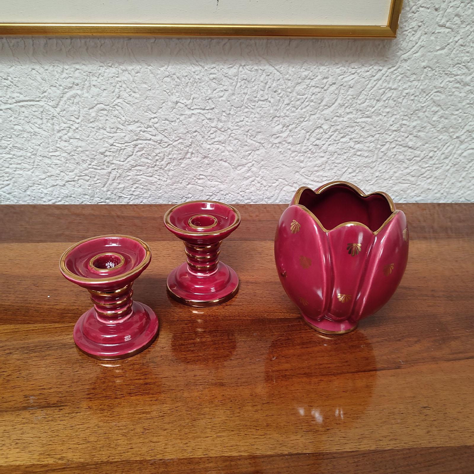 Mid-20th Century Art Deco Ceramic Pair of Candle Holders and a Vase, Set of Three, Upsala-Ekeby For Sale