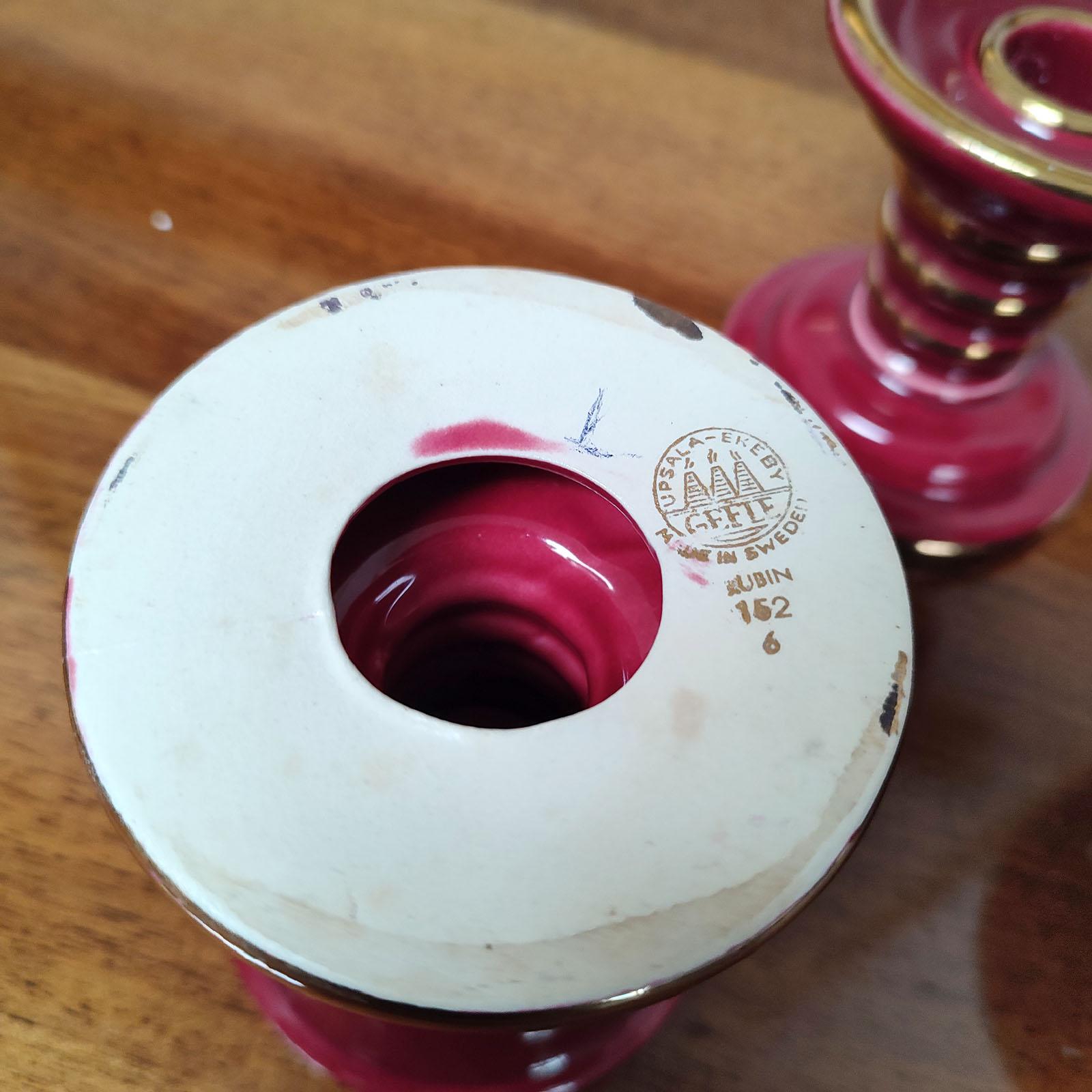 Art Deco Ceramic Pair of Candle Holders and a Vase, Set of Three, Upsala-Ekeby For Sale 1