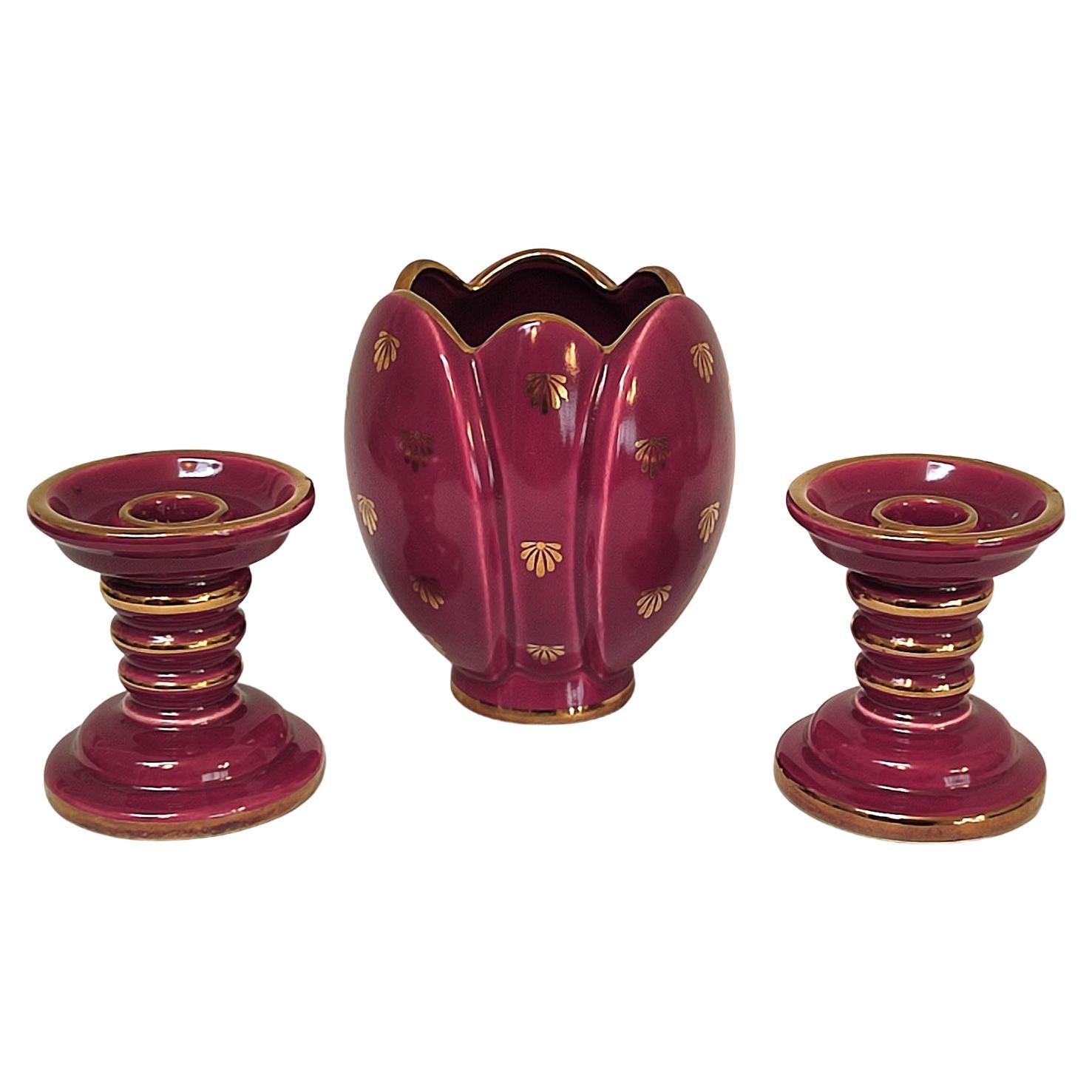 Art Deco Ceramic Pair of Candle Holders and a Vase, Set of Three, Upsala-Ekeby