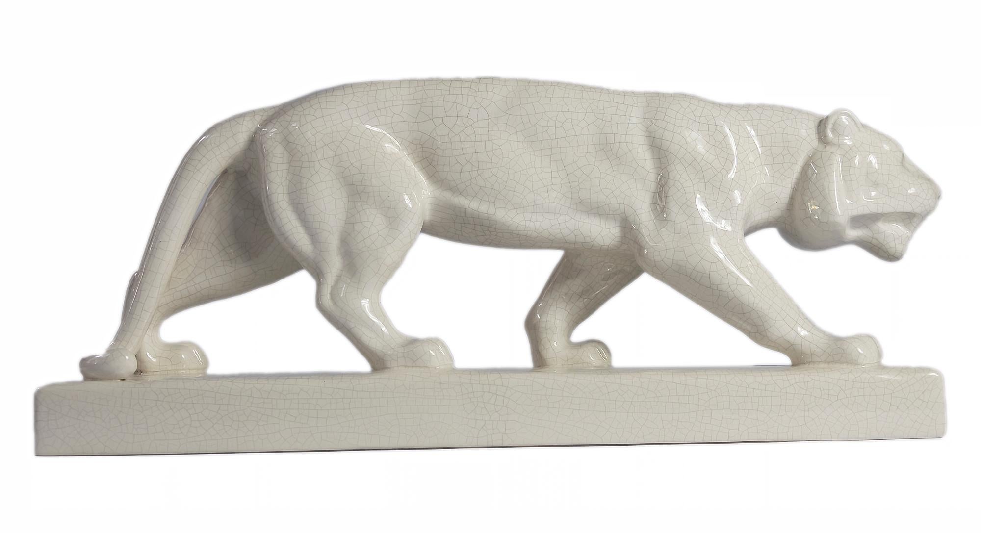 Belgian Art Deco Ceramic Panther Sculpture by Emaux de Louviere