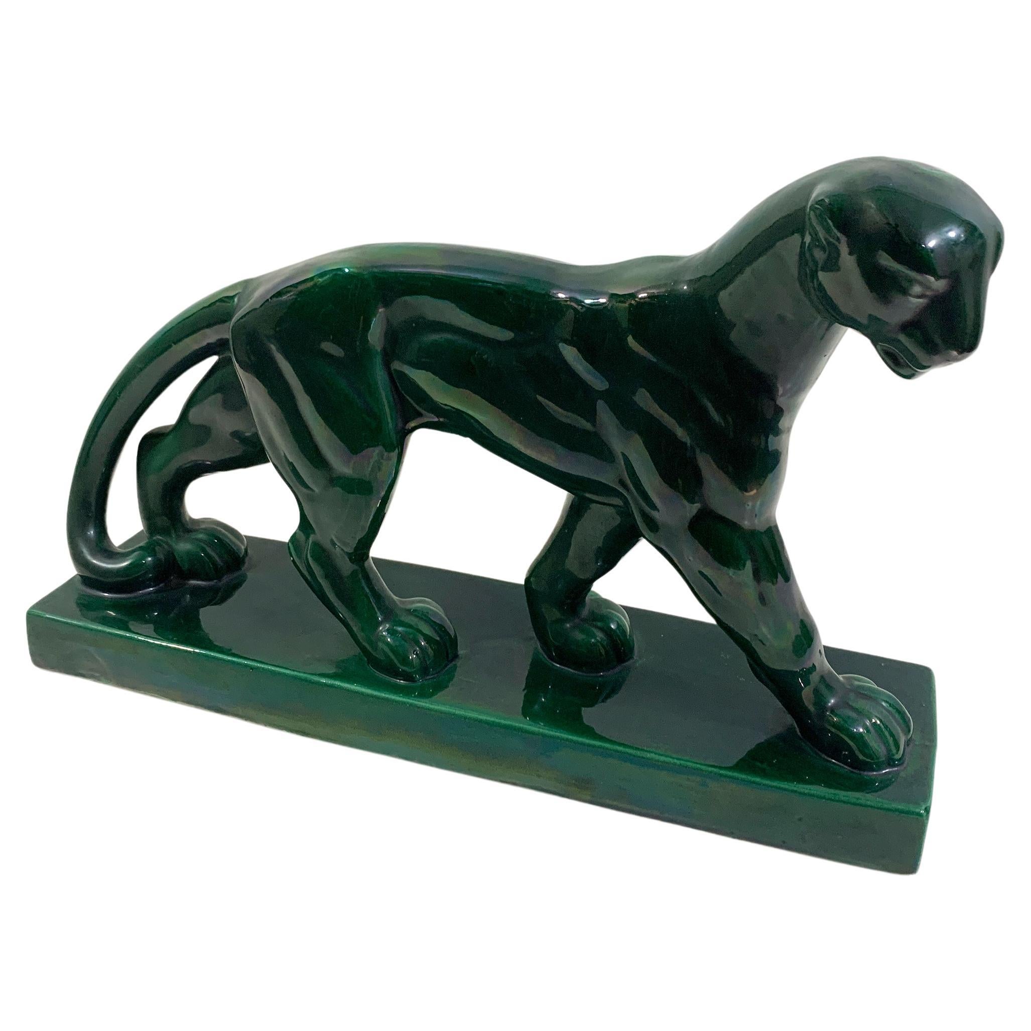 Escultura de cerámica Art Déco Pantera numerada 185  Firmado "SC France" St Clément en venta