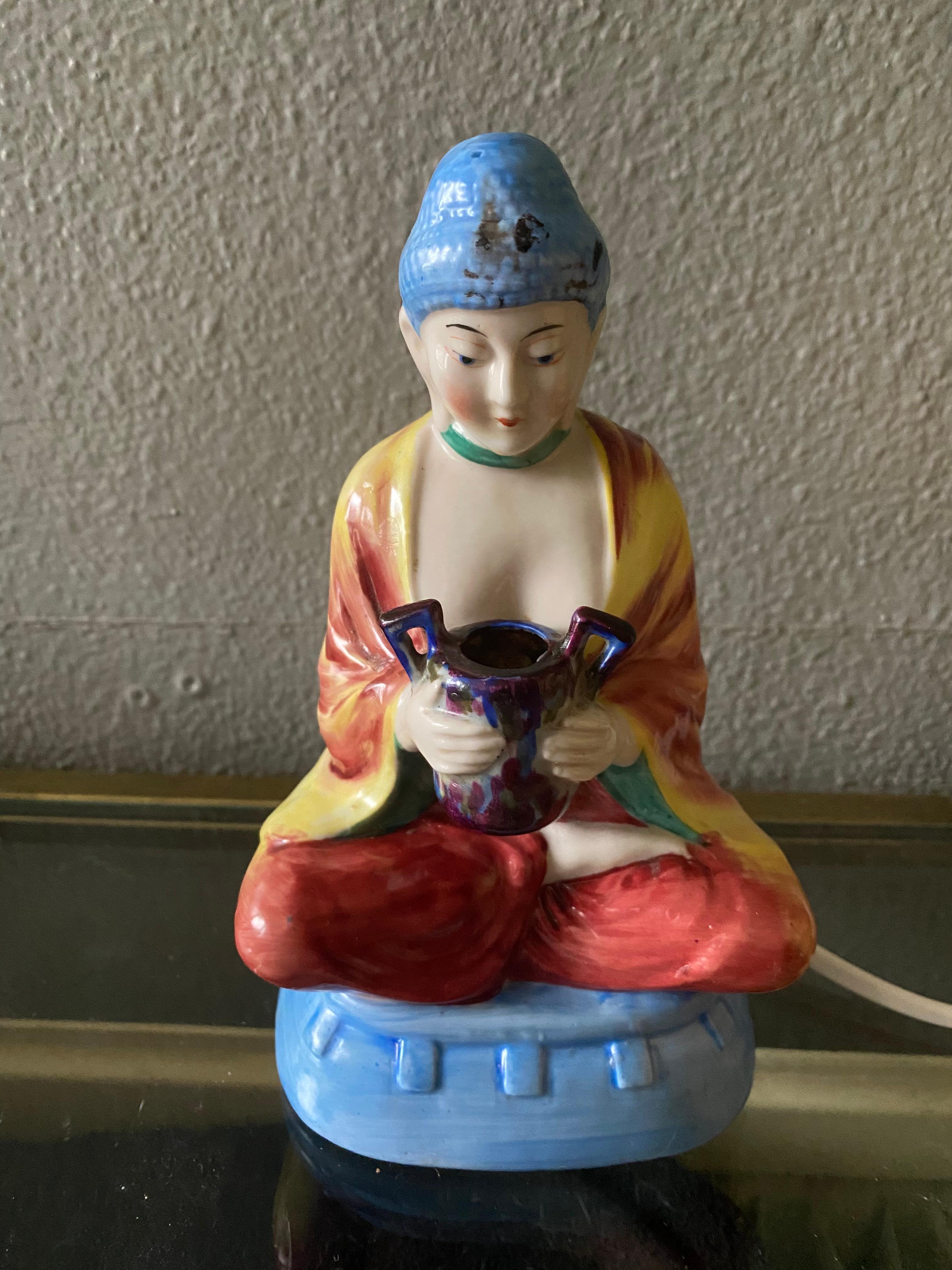 Hand-Painted Art Deco Ceramic Perfume Table Light Buddha For Sale