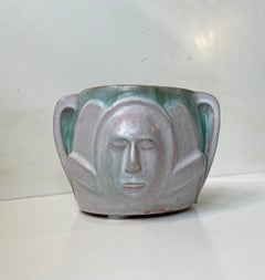 Art Deco Ceramic Planter with Glazed Faces by Aksel Hansen