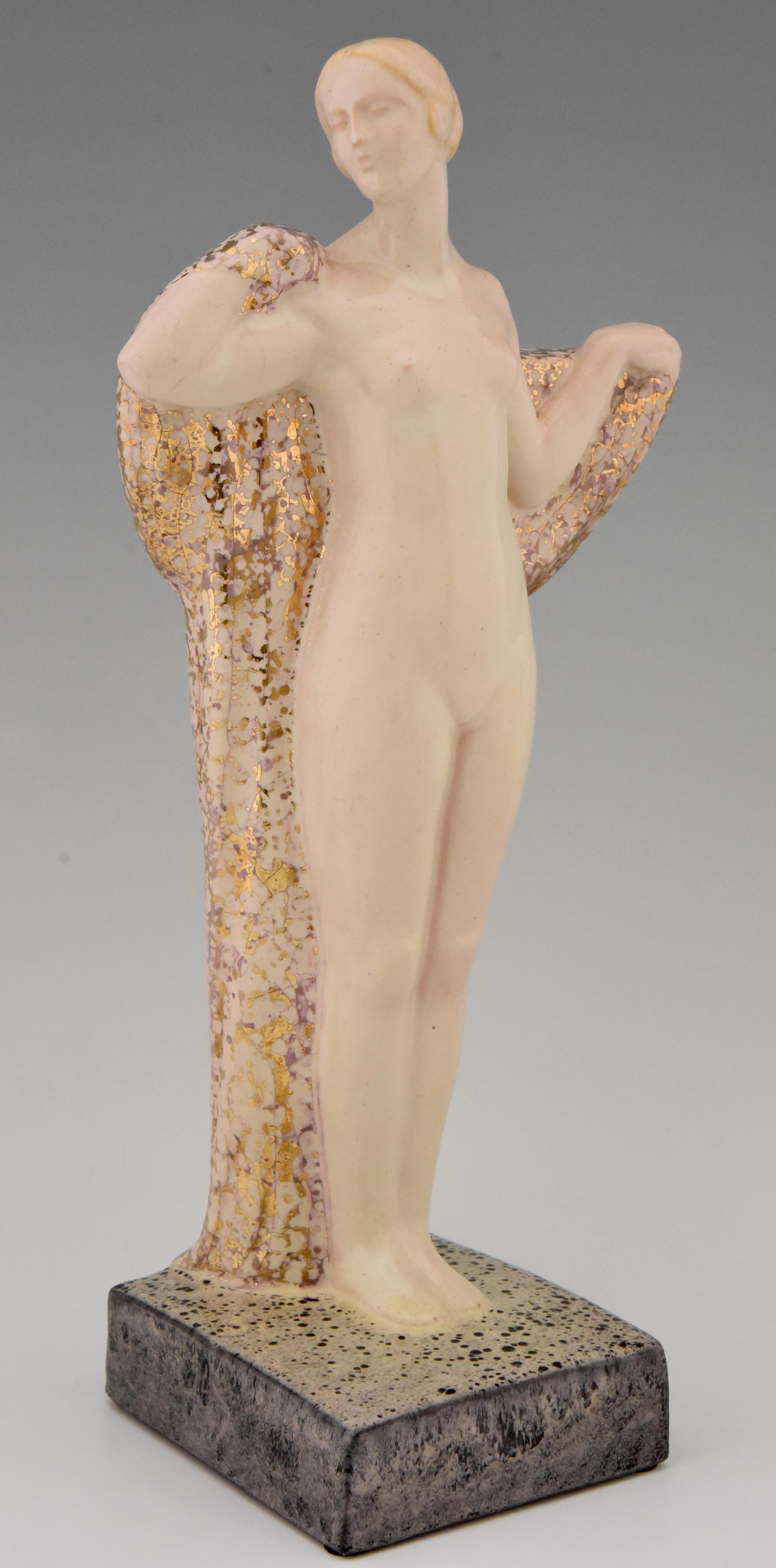 French Art Deco Ceramic Sculpture Draped Nude Pierre Lenoir, France, 1925