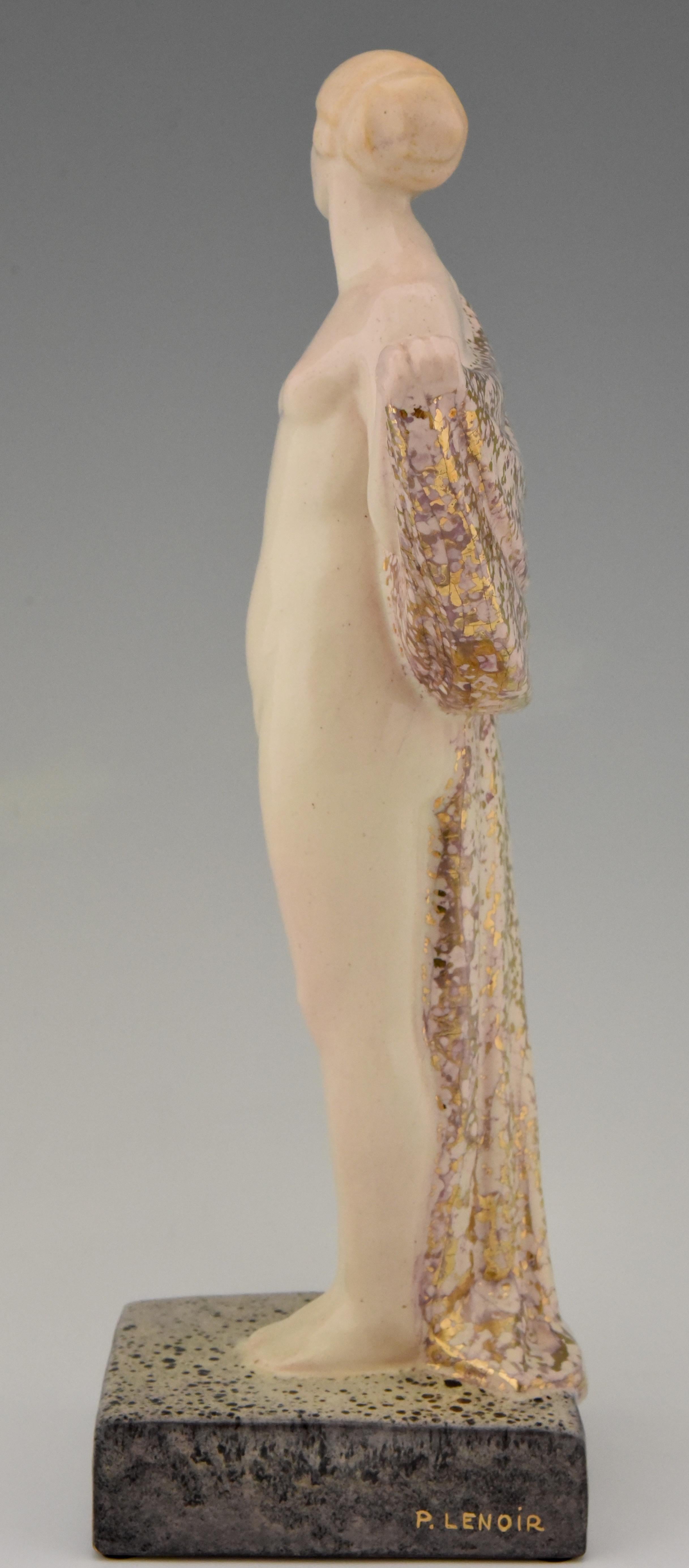 20th Century Art Deco Ceramic Sculpture Draped Nude Pierre Lenoir, France, 1925