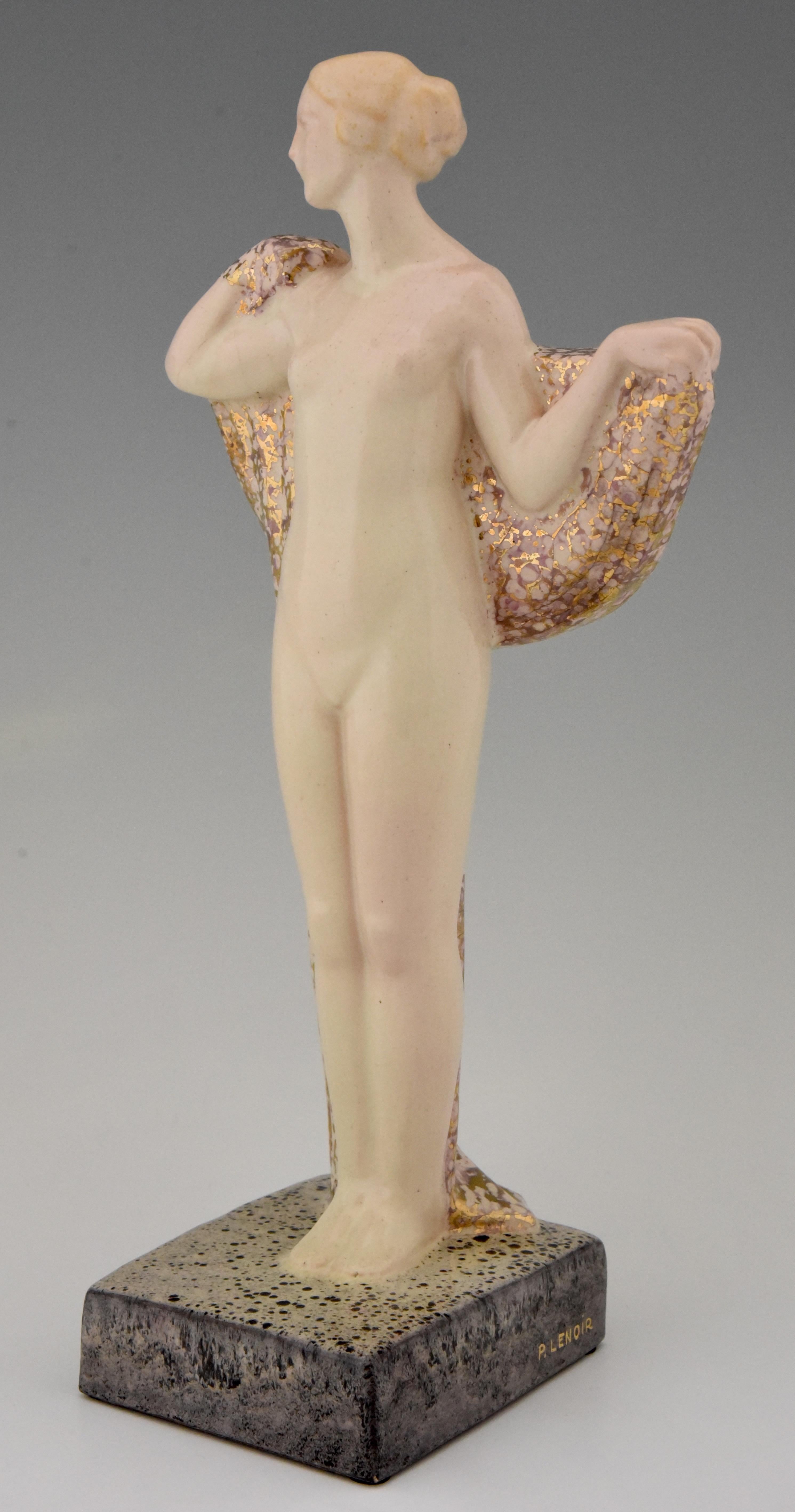Art Deco Ceramic Sculpture Draped Nude Pierre Lenoir, France, 1925 1