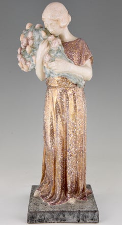 Art Deco Ceramic Sculpture Woman with Flowers Charles Muller France  1925