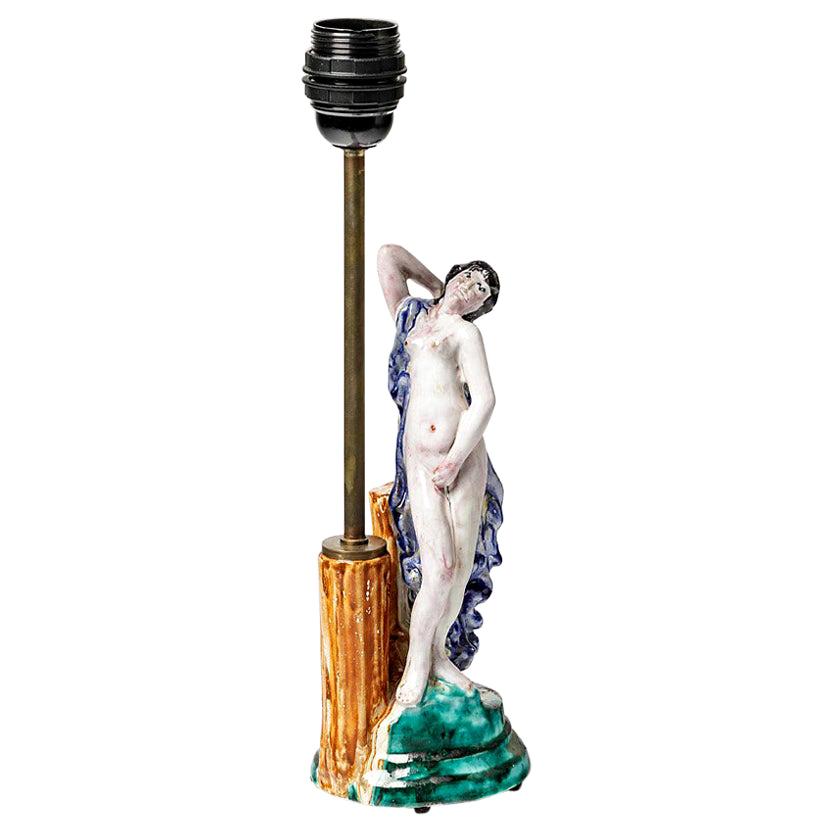 Lampe de table en céramique Art Déco - Femme nue naturelle attribuée à Ren Buthaud