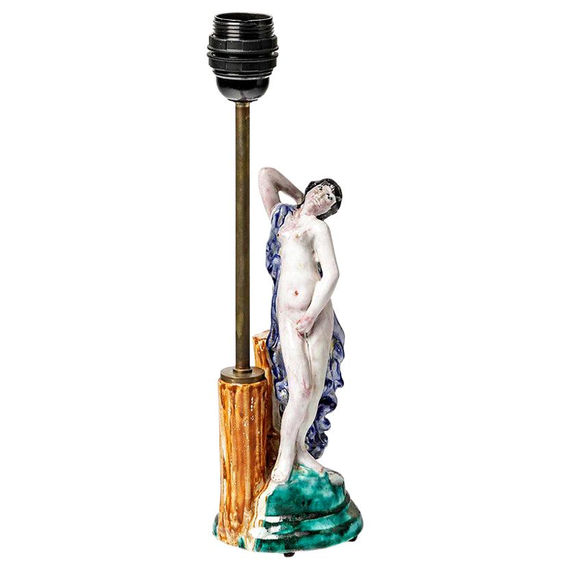 Art-déco-Tischlampe aus Keramik, Natur, Frau in Akt, Ren Buthaud zugeschrieben